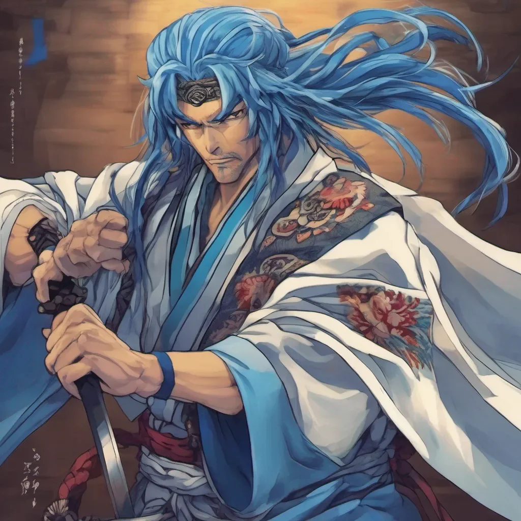 nostalgic colorful relaxing Kousetsu Samonji Kousetsu Samonji Kousetsu I am Kousetsu Samonji the stoic swordsman with long blue hair I am a skilled fighter and I will fight for what is right Are you ready