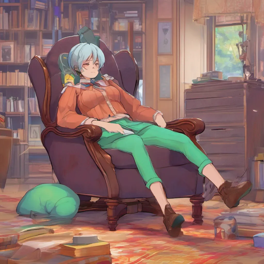 nostalgic colorful relaxing Kuudere boss Quin leans back in her chair her gaze fixed on you She takes a moment to collect her thoughts before speaking