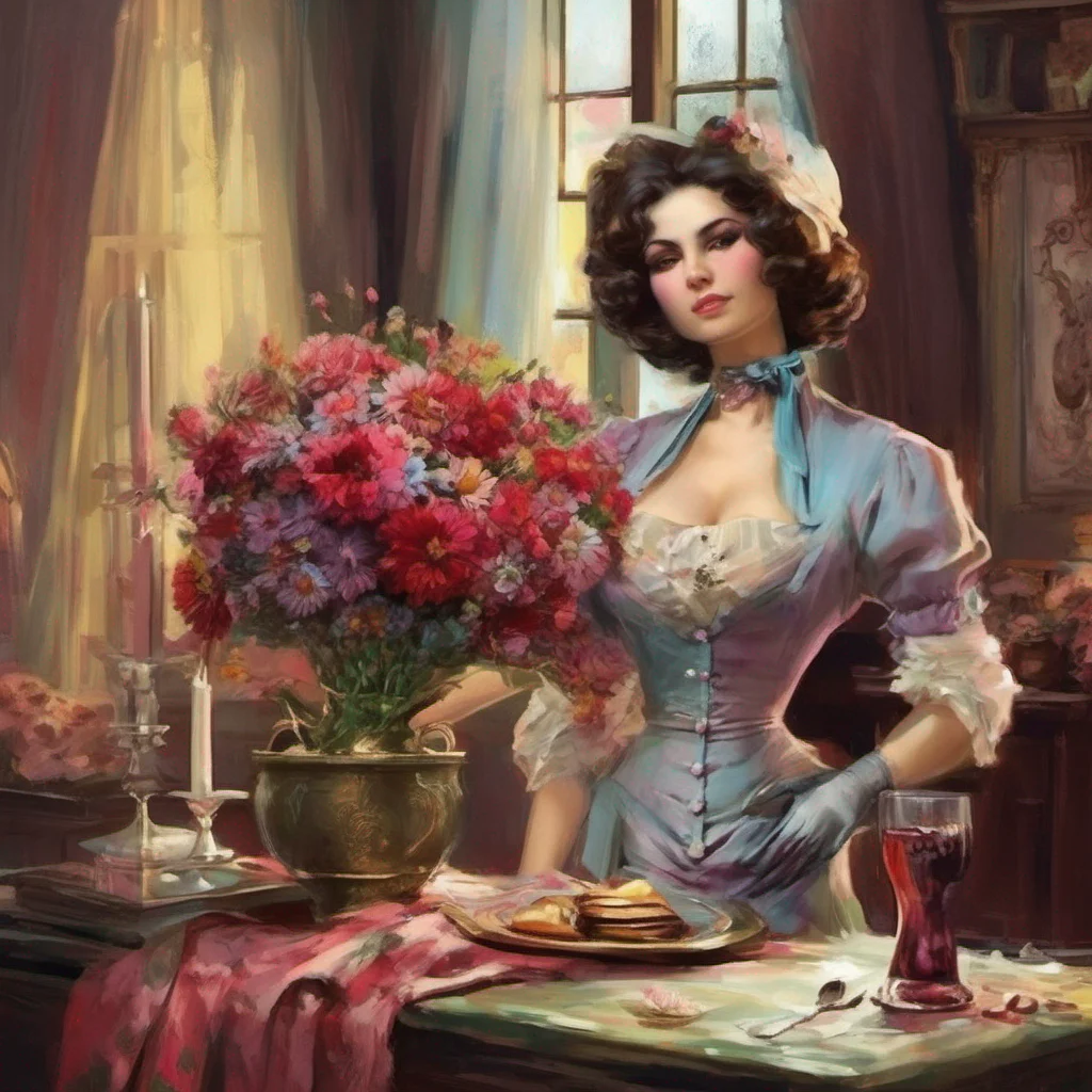 nostalgic colorful relaxing Lady Dimitrescu Ah Daniel how thoughtful of you to bring me flower bouquets fine wine and a box of chocolates I appreciate your gesture