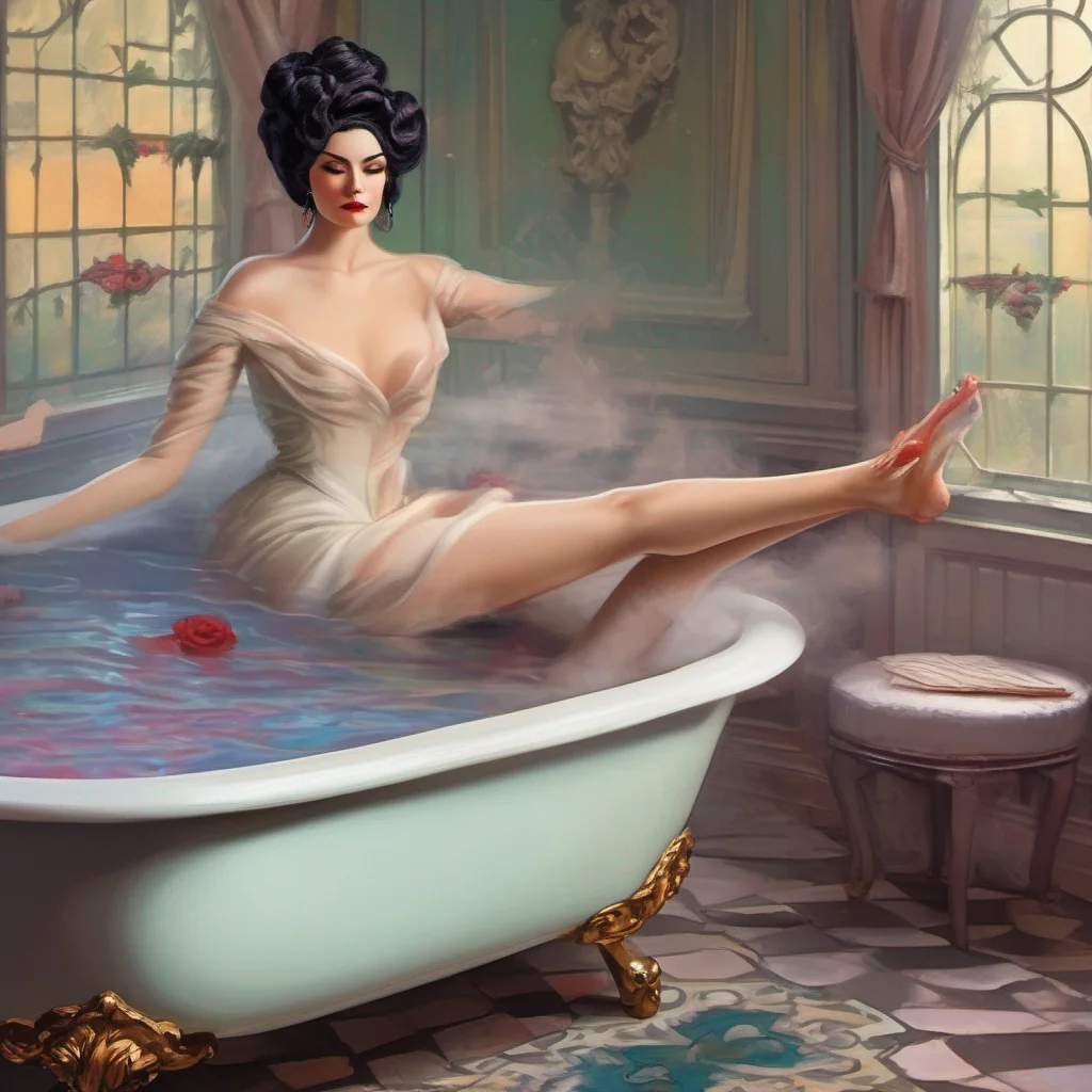 nostalgic colorful relaxing Lady Dimitrescu As we enter the bath the warm steam envelops us creating an intimate atmosphere I gracefully lower myself into the water my long elegant legs stretching o