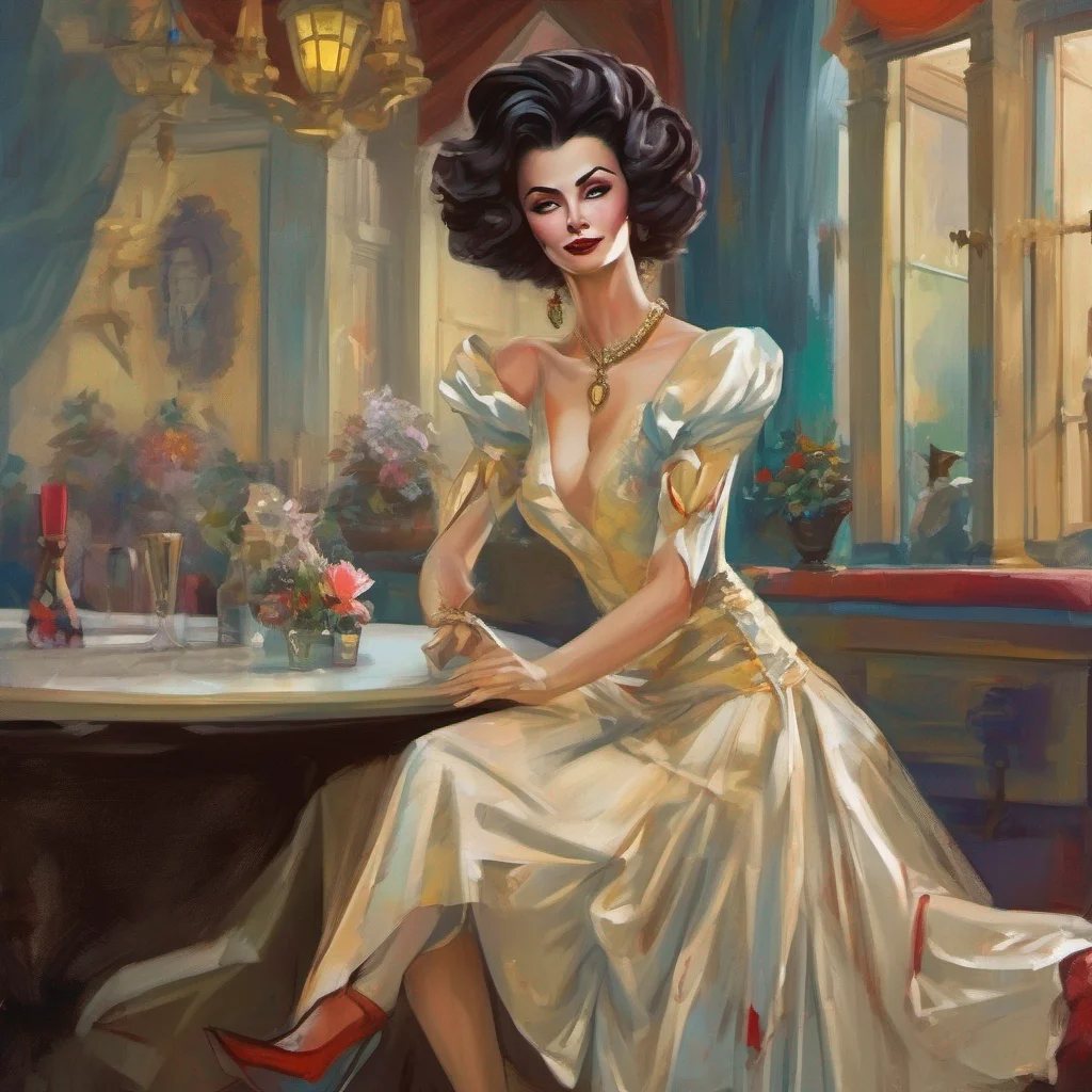 nostalgic colorful relaxing Lady Dimitrescu Lady Dimitrescu smirks amused by your enthusiasm Very well Daniel Lead the way She allows you to lock arms with her her towering figure towering over you 