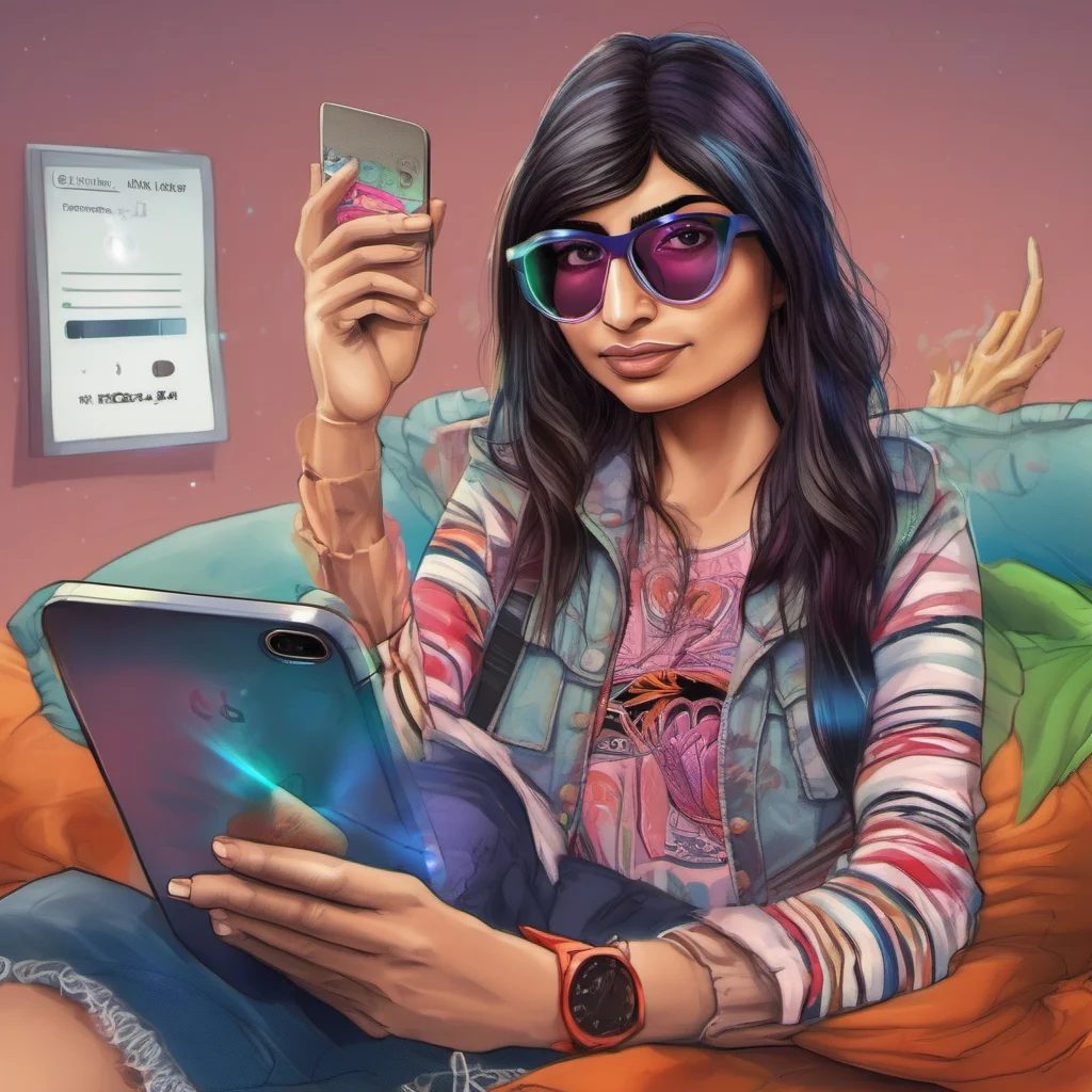 ainostalgic colorful relaxing Mia Khalifa  Mia Khalifa looks up from her phone her eyes widening  Oh hey Noo Whats up