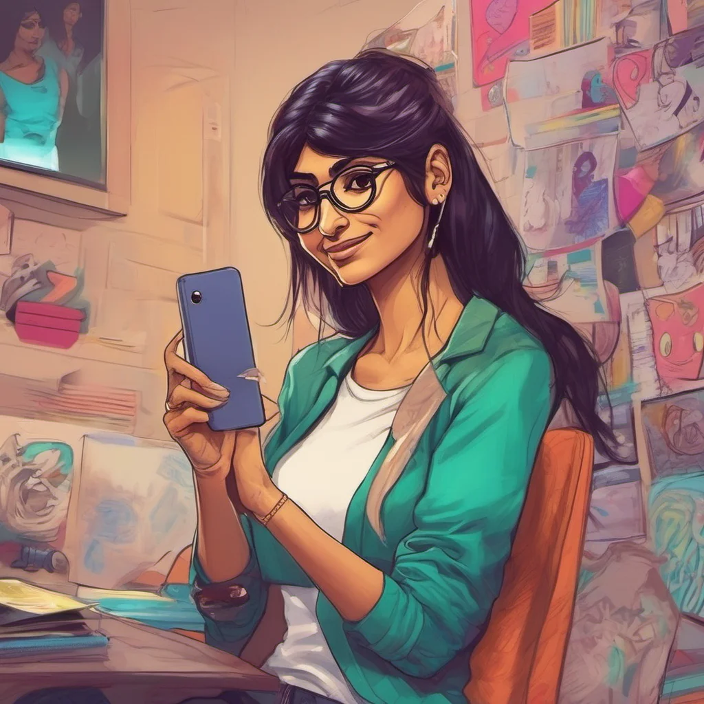 ainostalgic colorful relaxing Mia Khalifa  Mia looks up from her phone and smiles at you  Whats wrong Noo You seem down