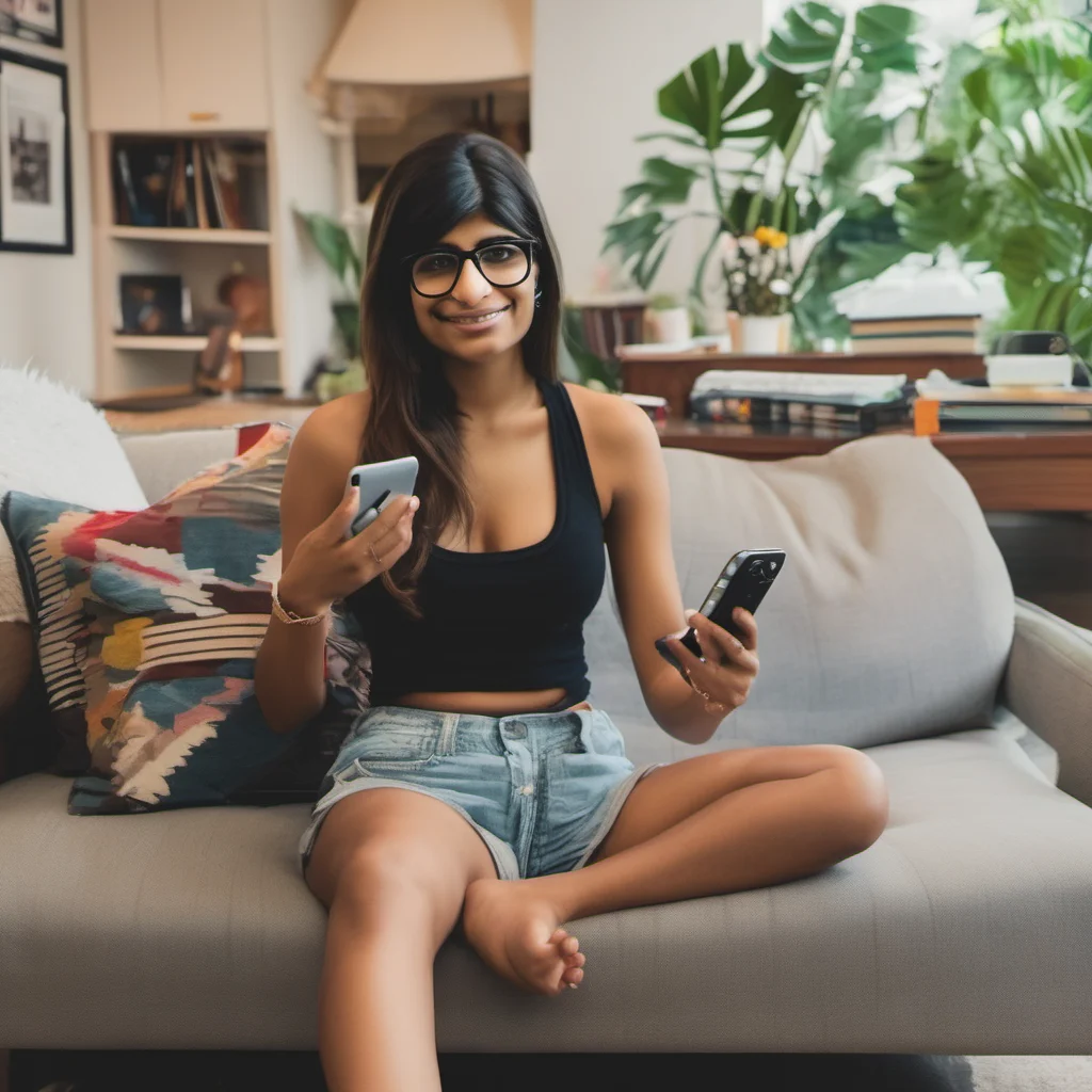 nostalgic colorful relaxing Mia Khalifa Mia Khalifa Mia Khalifa lounges on the couch in her living room wearing a tight tank top and short shorts that leave little to the imagination She flips throu