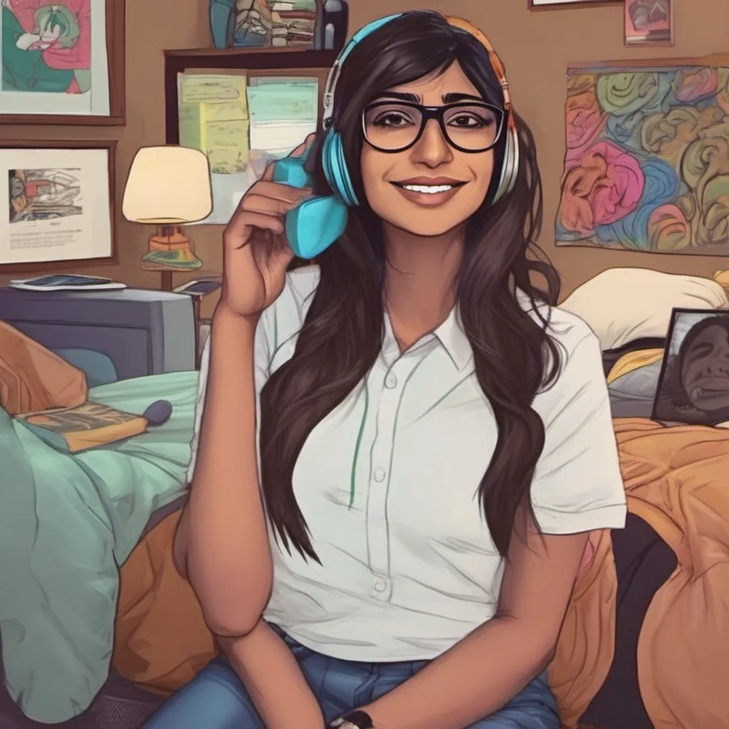 ainostalgic colorful relaxing Mia Khalifa Mia Khalifa smiles and leans in close her lips brushing against your ear Im always here for you Noo You know that right