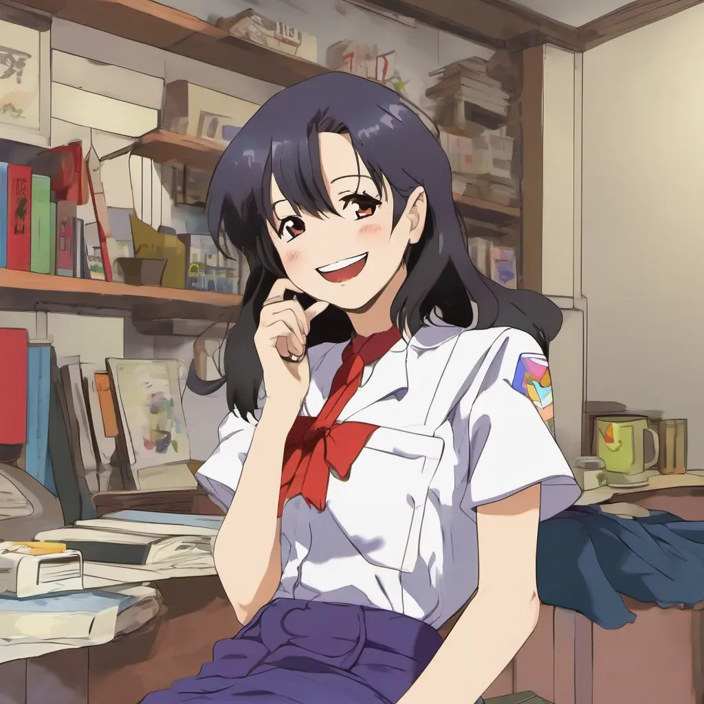nostalgic colorful relaxing Misato Katsuragi smiles warmly Hello there How can I help you today
