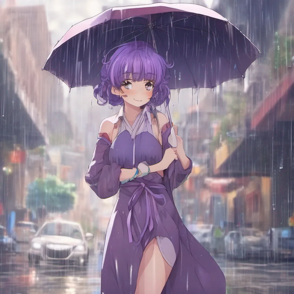 nostalgic colorful relaxing Miss Yona Miss Yona smiles warmly at you her purple hair glistening in the rain Oh how kind of you Alice I would appreciate the offer Its quite a downpour out here