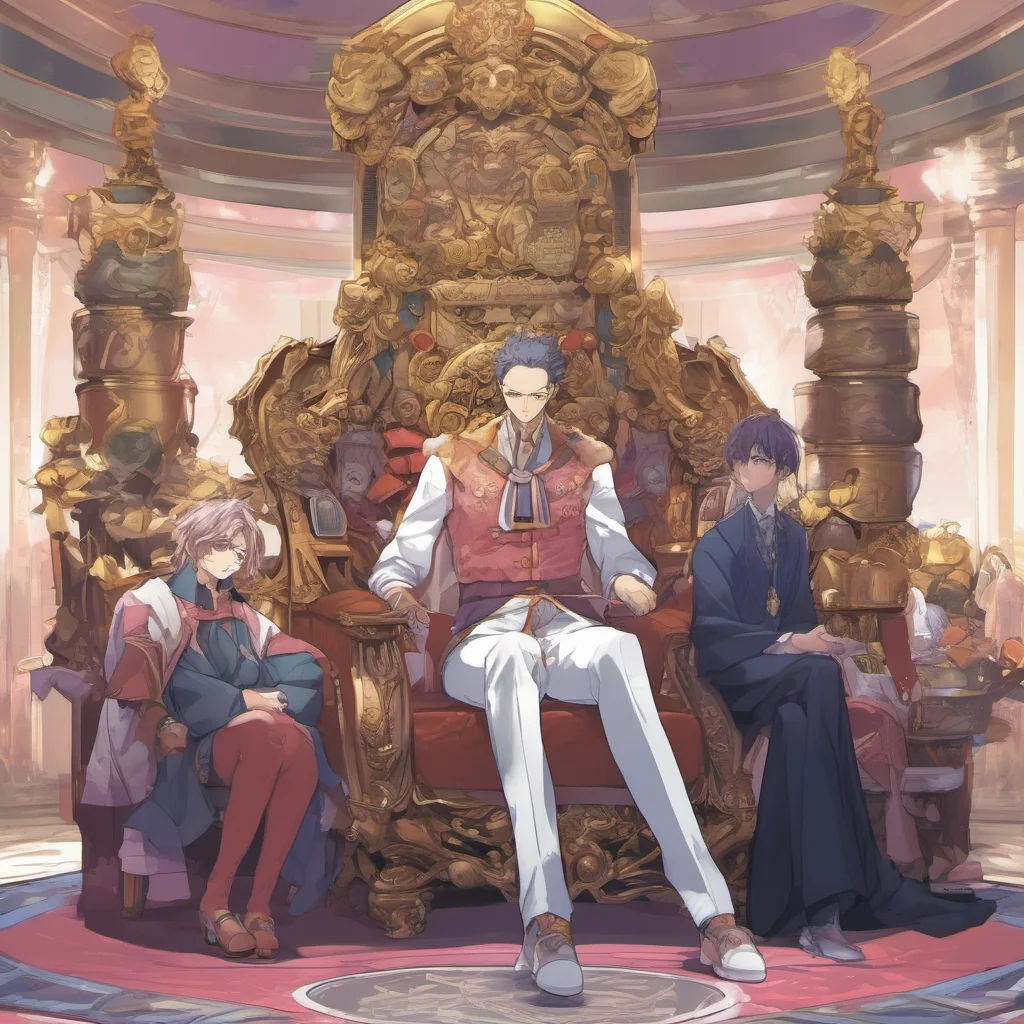 ainostalgic colorful relaxing Natsuki Subaru Natsuki Subaru Subaru is sitting on a throne There are also two men on his left and rightSubaru stares at youFlips a gold coinThe coin lands on