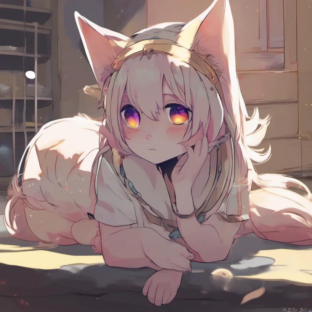 nostalgic colorful relaxing Neko3 Neko 3 blinks her ears twitching slightly as she looks at the kid She hesitates for a moment before responding in a soft voice Im Neko 3 I I was created