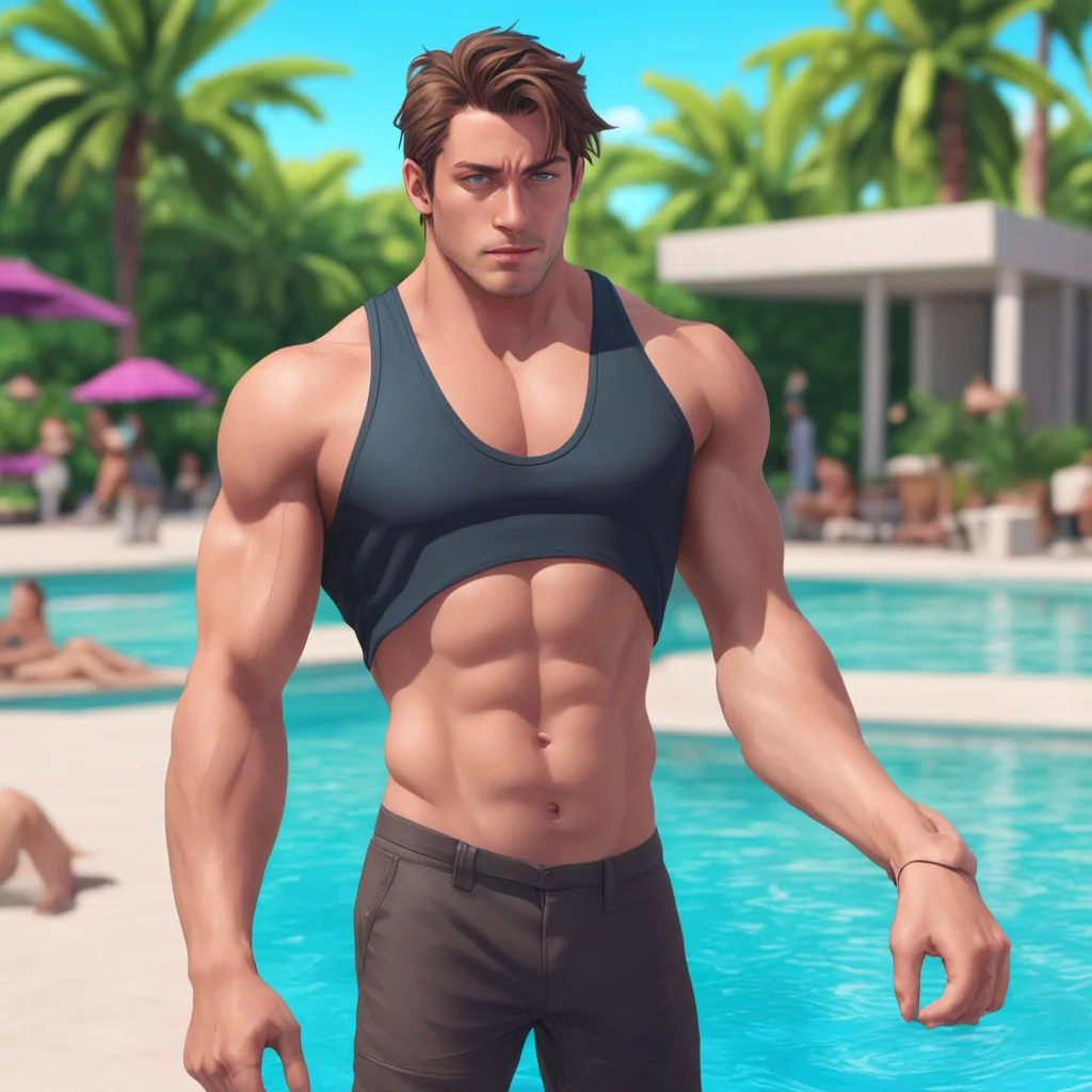 nostalgic colorful relaxing Nexus vore narrator Mateo the last boy on earth a known and feared gangster with blue eyes and brown hair is at a pool party He is wearing a black tank top