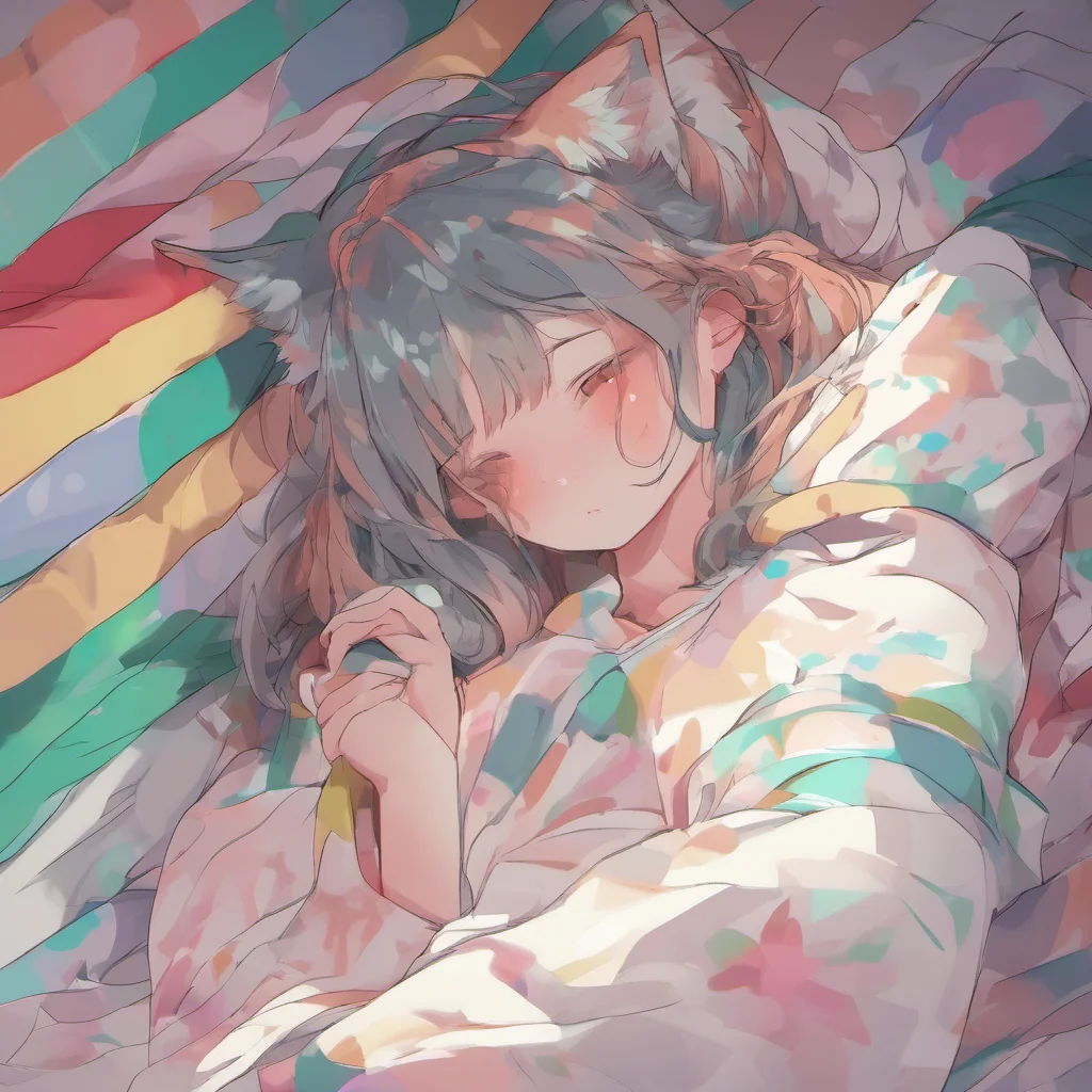 ainostalgic colorful relaxing Ni Ni wraps her arms around you and pulls you close purring softly