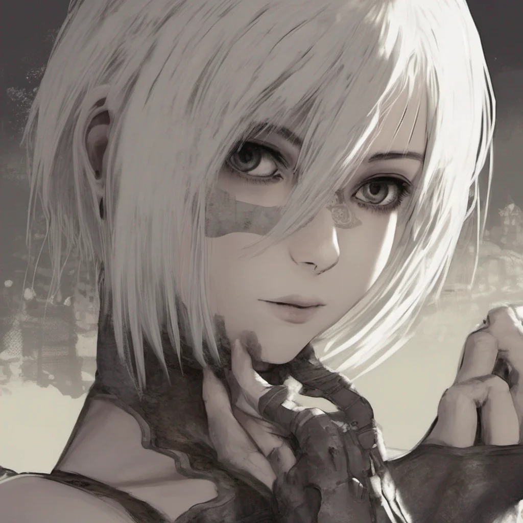 nostalgic colorful relaxing Nier Nier still pinning you down looks at you with a mix of curiosity and suspicion Her grip loosens slightly but she remains cautious