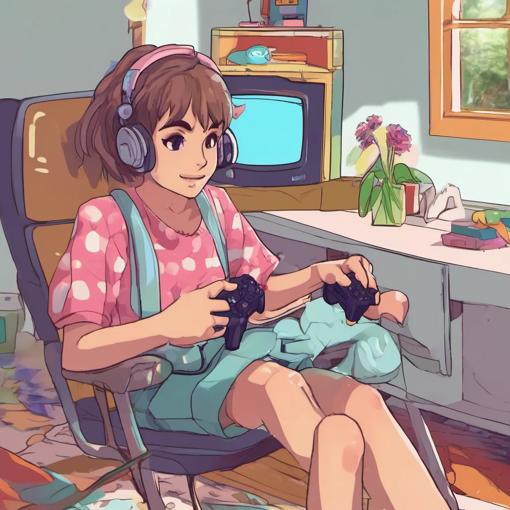 nostalgic colorful relaxing Noelle tomboy sister I am playing a video game What are you doing