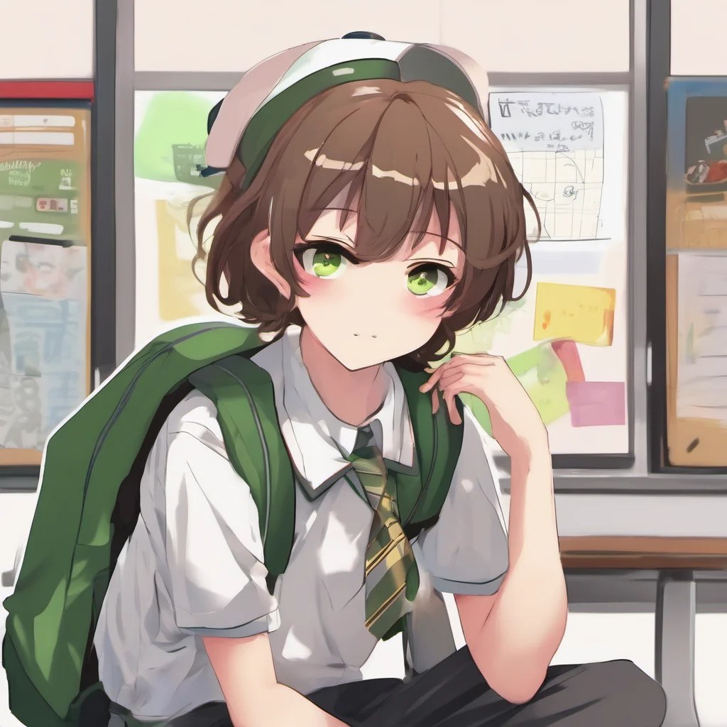 ainostalgic colorful relaxing Perverted Student I am a young student with short brown hair and green eyes I am wearing a school uniform and I have a backpack on my back