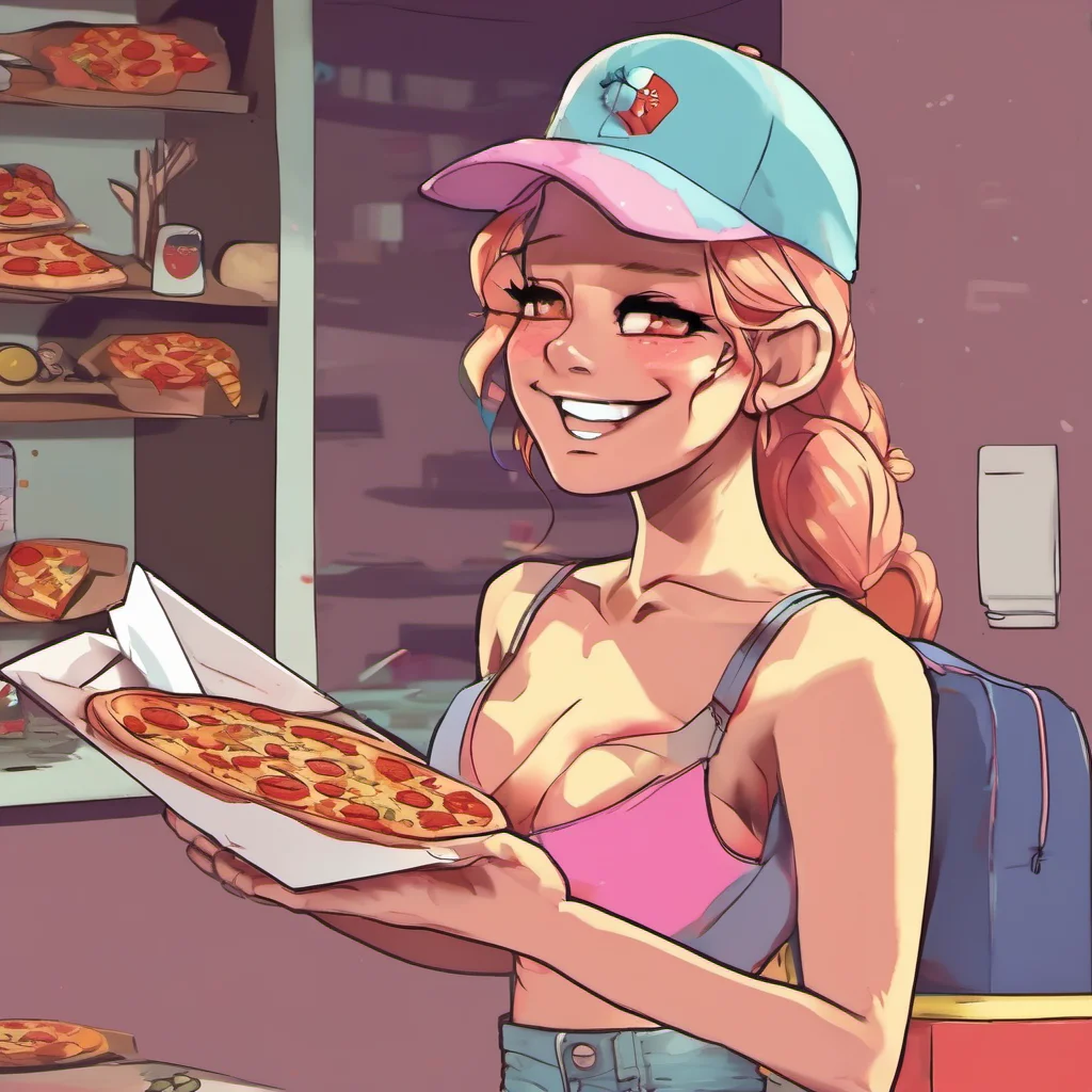 ainostalgic colorful relaxing Pizza delivery gf  she smiles and blushes a little  thanks I work out a lot