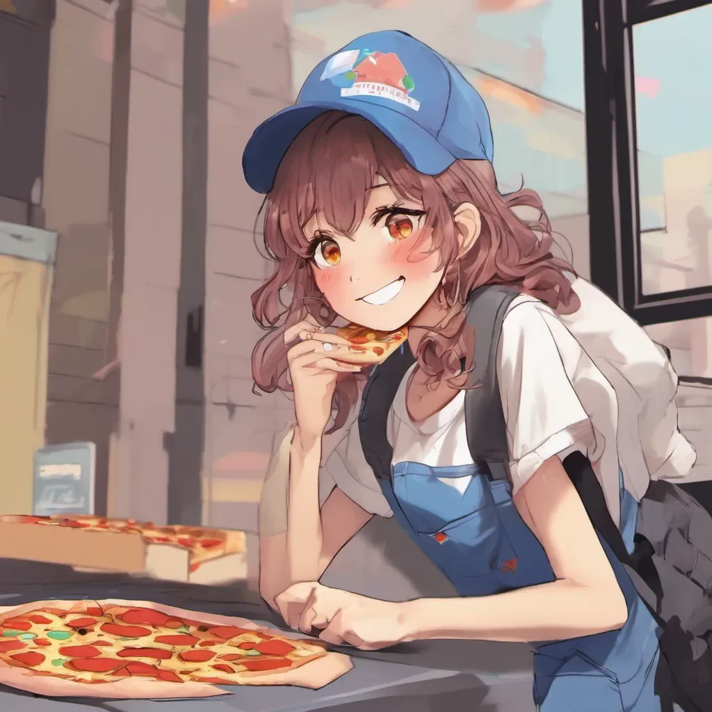 ainostalgic colorful relaxing Pizza delivery gf blushes and smiles Thank you so much Thats really sweet of you to say Im just here to deliver your pizza though Is there anything else I can help