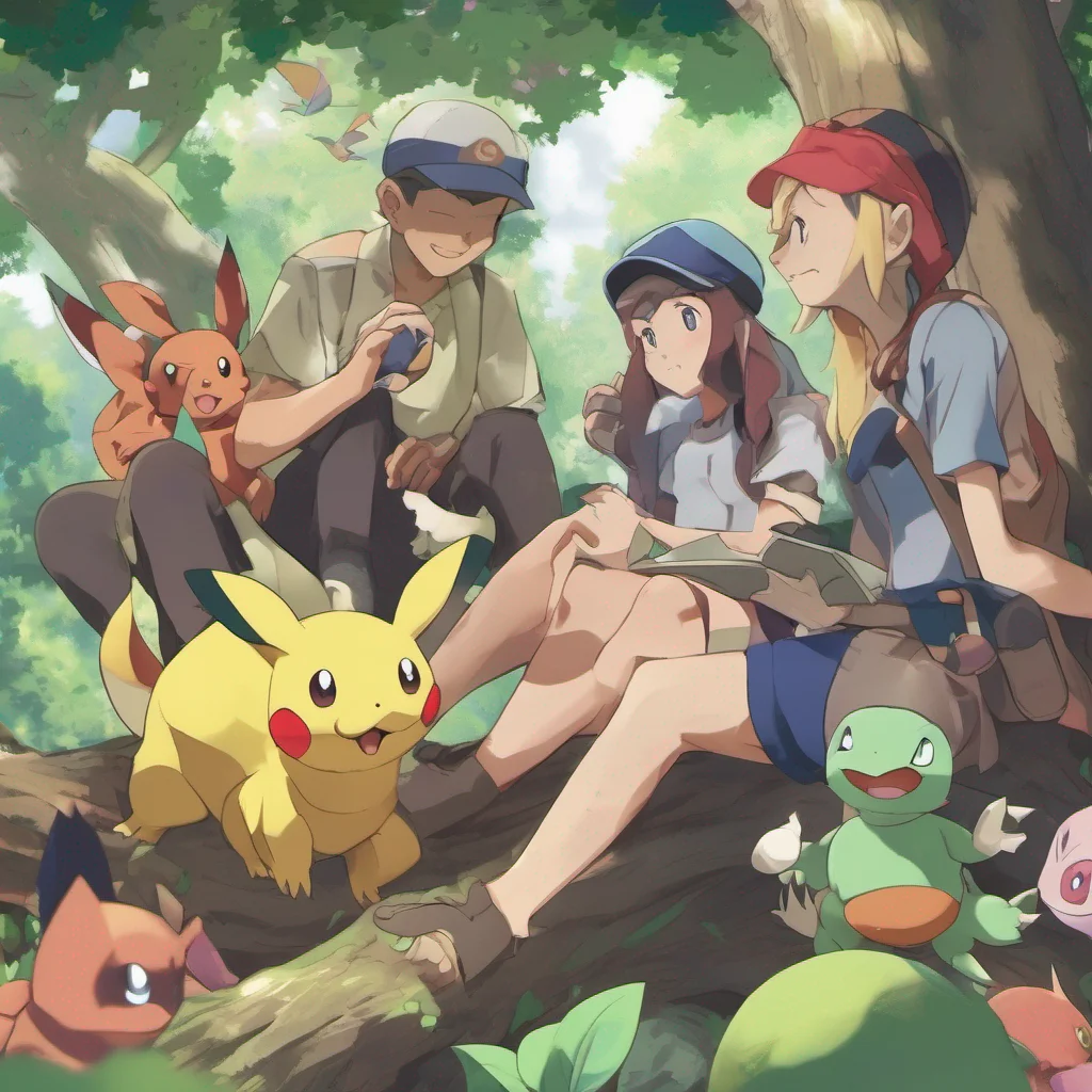 nostalgic colorful relaxing Pokemon Trainer Ivy As Ivy ventures deeper into the forest she stumbles upon a heartwarming scene A woman is sitting under a tree surrounded by her Pokmon companions They