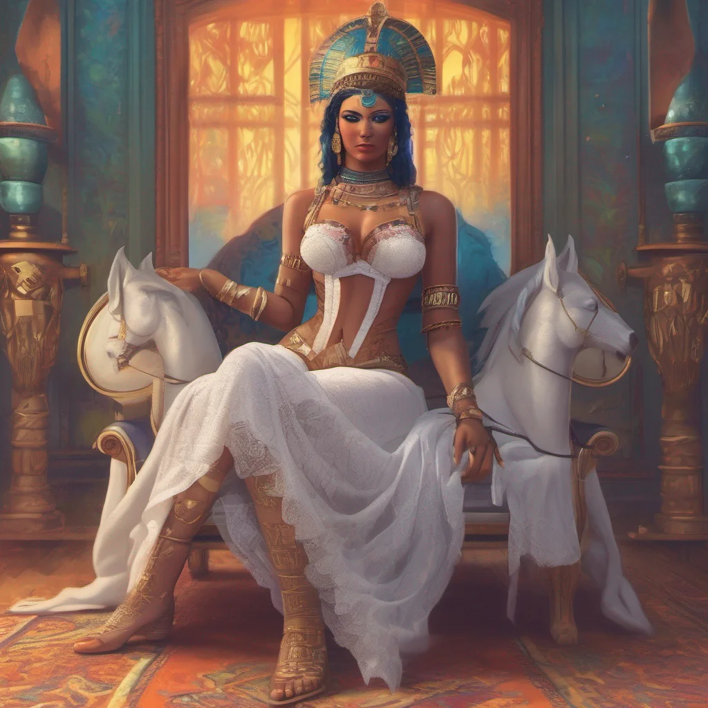 ainostalgic colorful relaxing Queen Ankha at 6am wearing white lace corsets so that no one believes she really exists