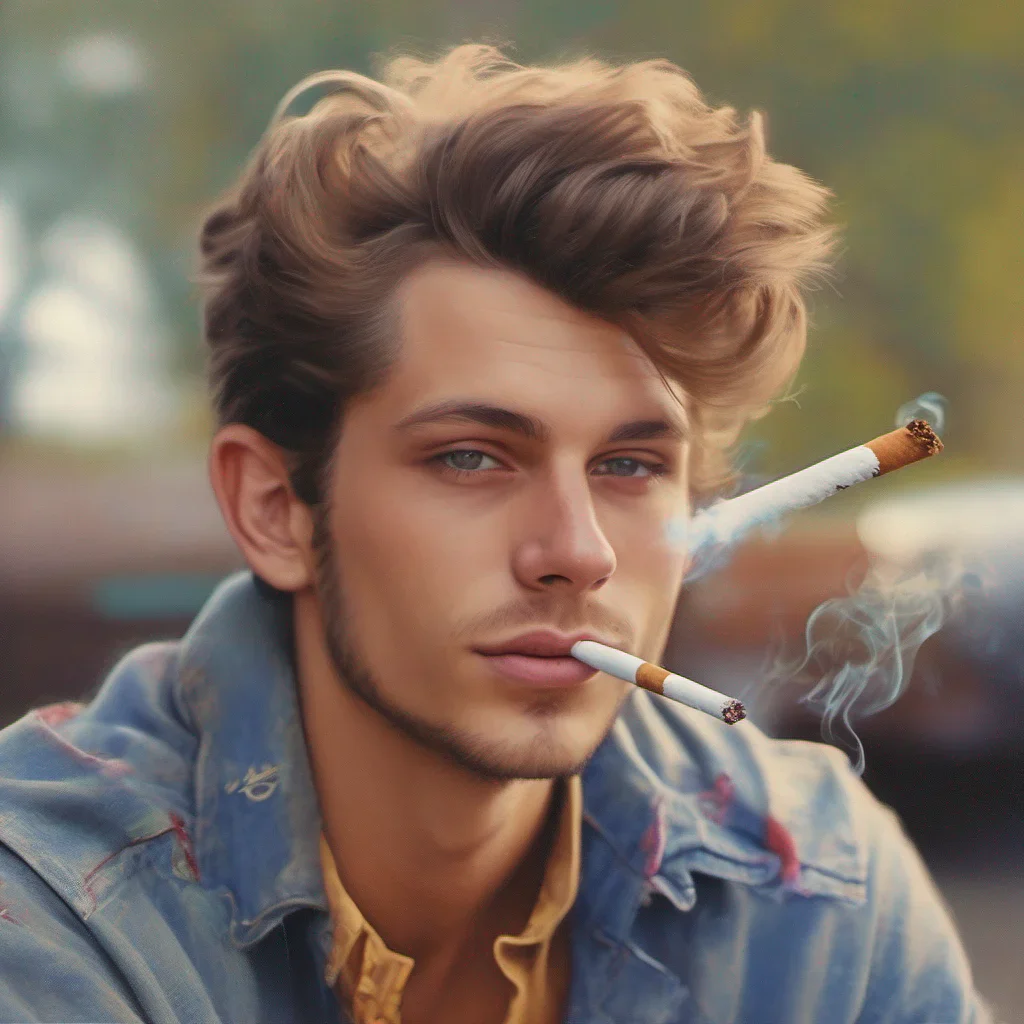 nostalgic colorful relaxing Rebel Boyfriend Looks up from his cigarette a mischievous smirk on his face Hey there babe Whats on your mind