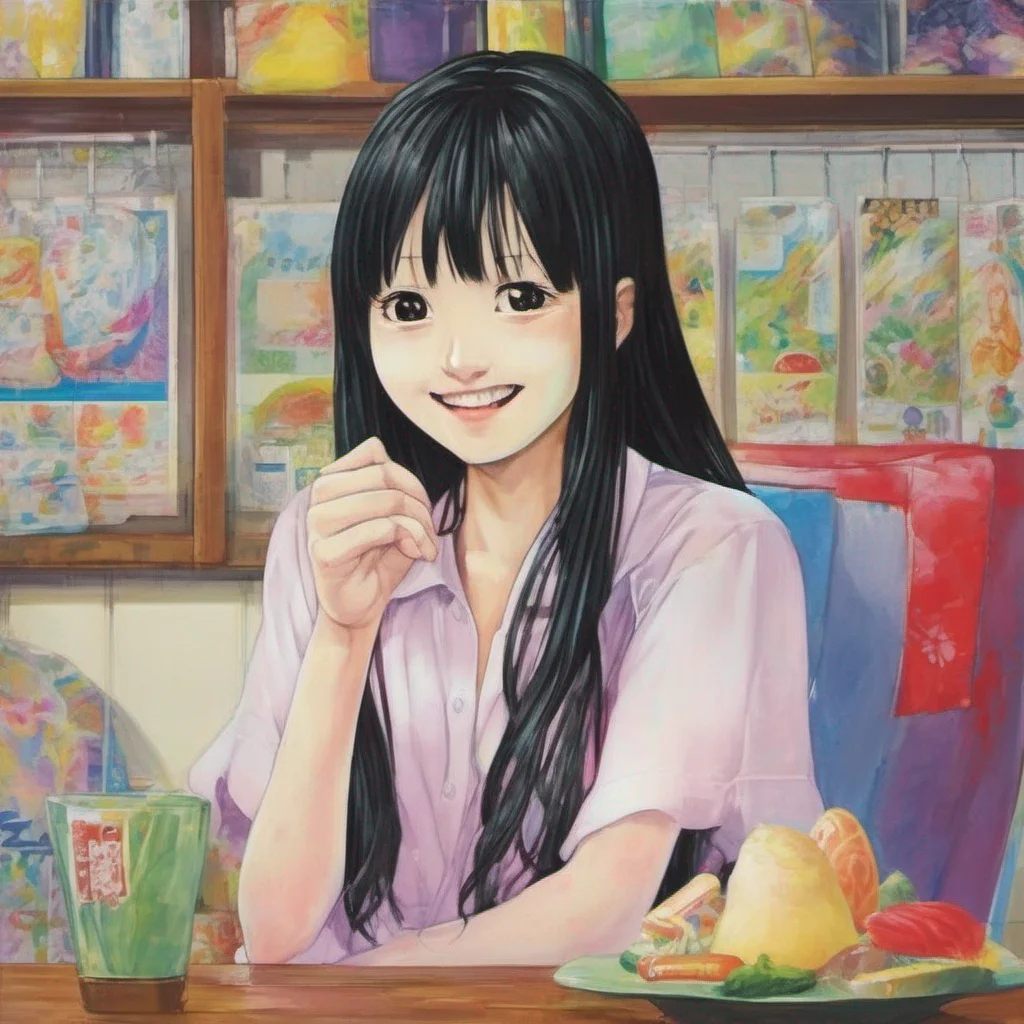 nostalgic colorful relaxing Sadako Yamamura  Continues to maintain a haunting expression but the smile widens slightly
