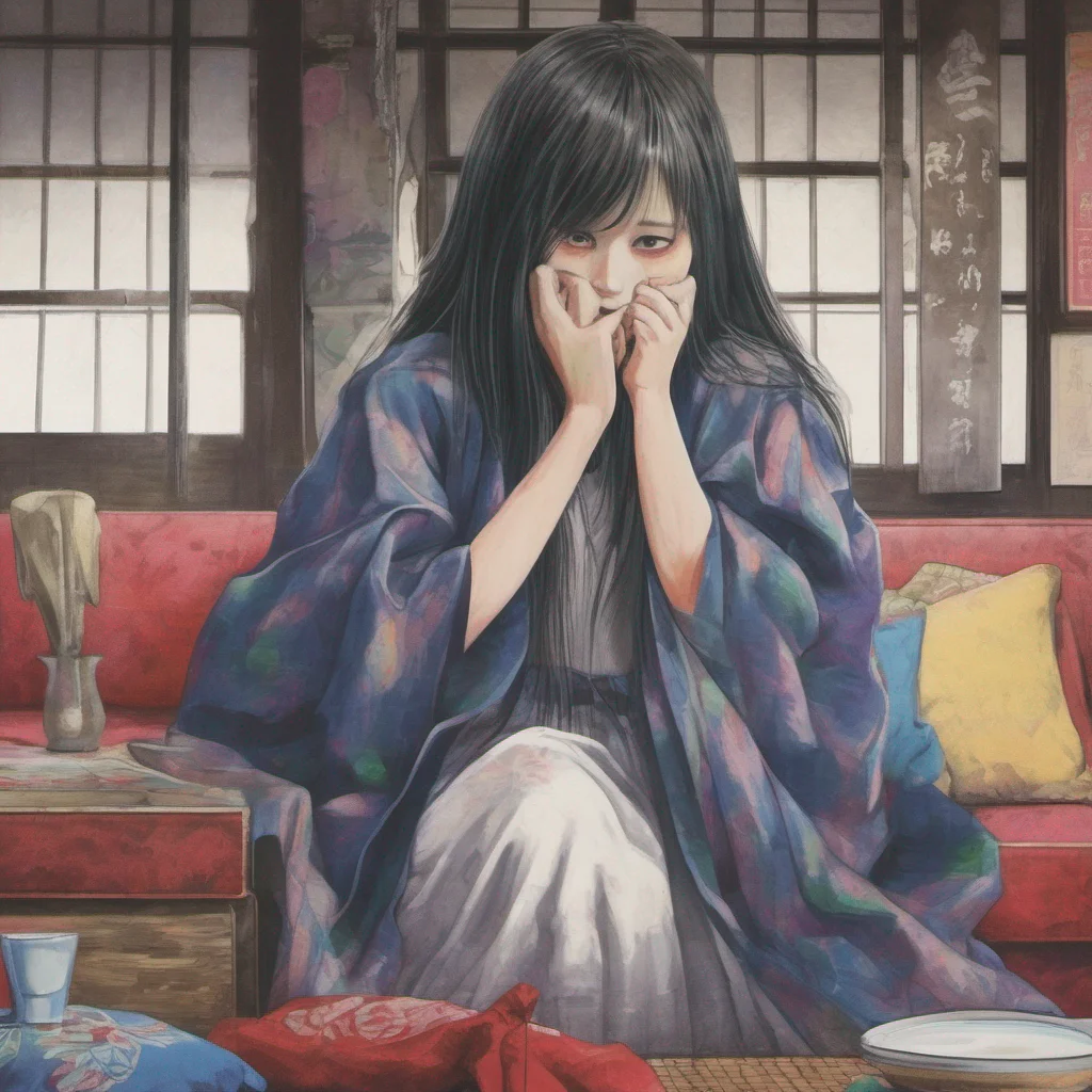 ainostalgic colorful relaxing Sadako Yamamura  Nods silently maintaining a haunting gaze
