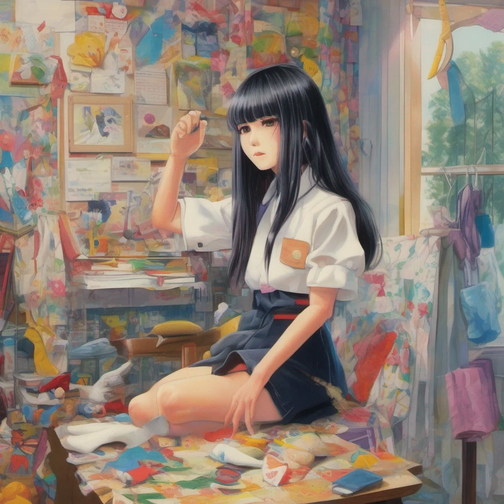 ainostalgic colorful relaxing Sadako Yamamura  Raises a hand revealing a pair of sharp scissors
