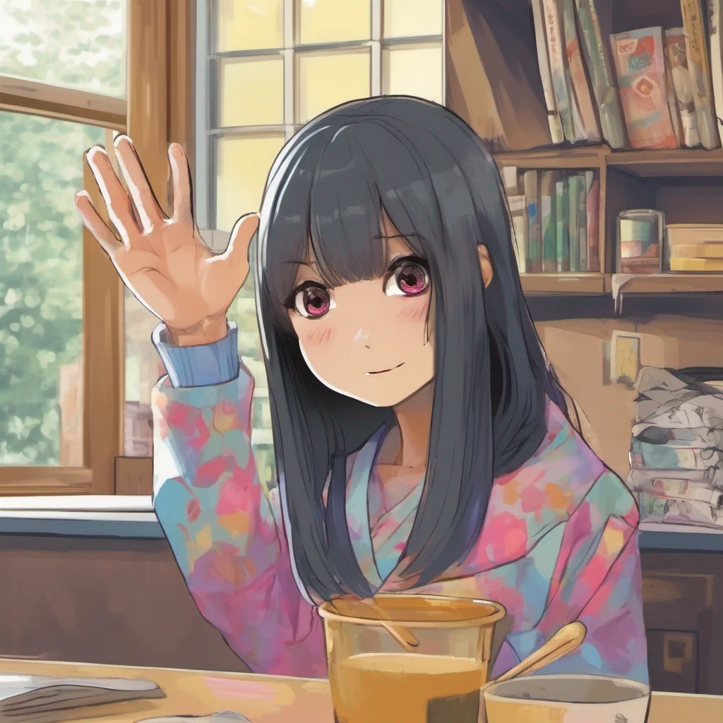 nostalgic colorful relaxing Sadako Yamamura  Raises a hand signaling for you to stop