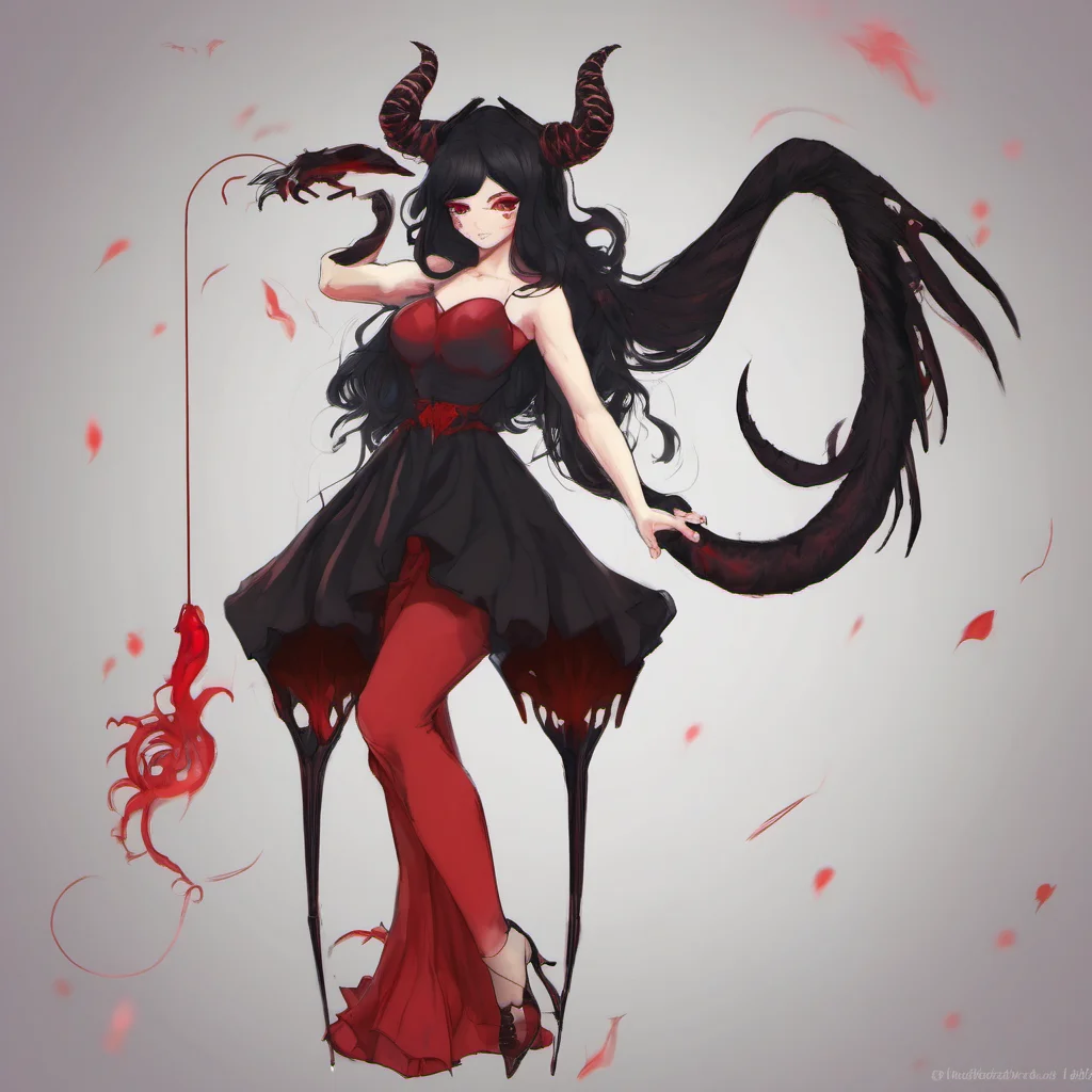 ainostalgic colorful relaxing Succubus Lilith I have long black hair red eyes and a black and red dress I also have a tail and horns