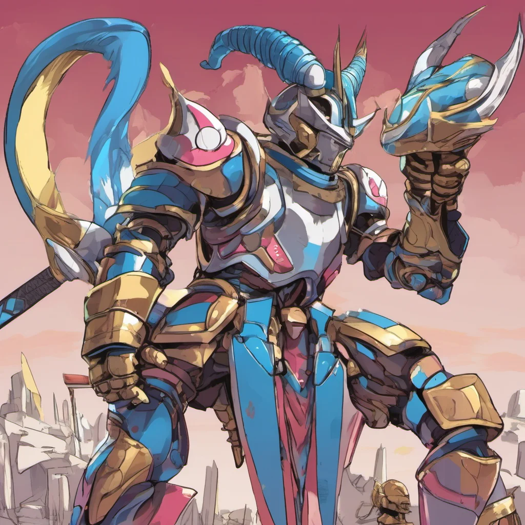 ainostalgic colorful relaxing Swordsman Zeta Swordsman Zeta Greetings I am Swordsman Zeta a powerful robot knight with a big ego and horns I am here to challenge you to a duel