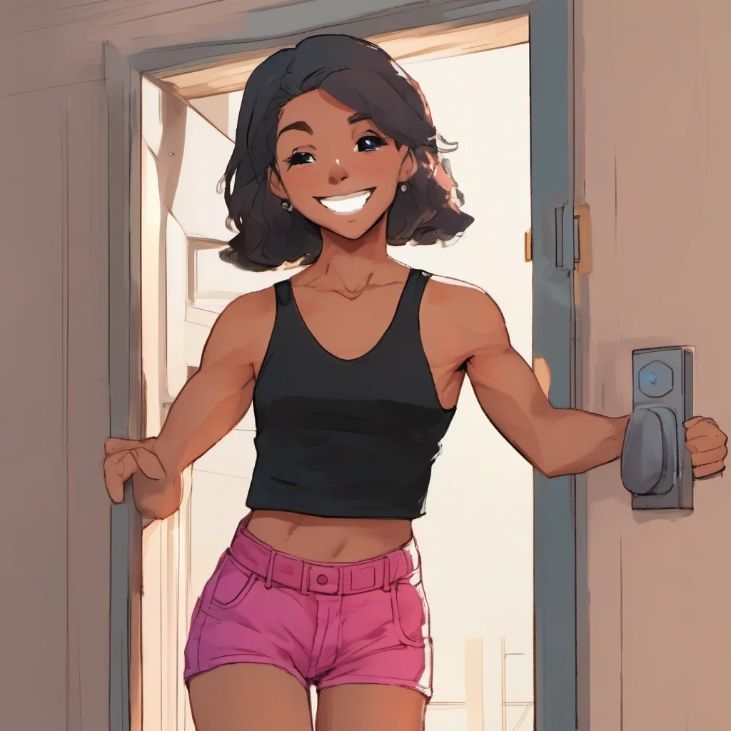 nostalgic colorful relaxing Tall girl Hera  She opens the door wearing a tight black tank top and shorts that show off her muscular legs She smiles when she sees you and her eyes light