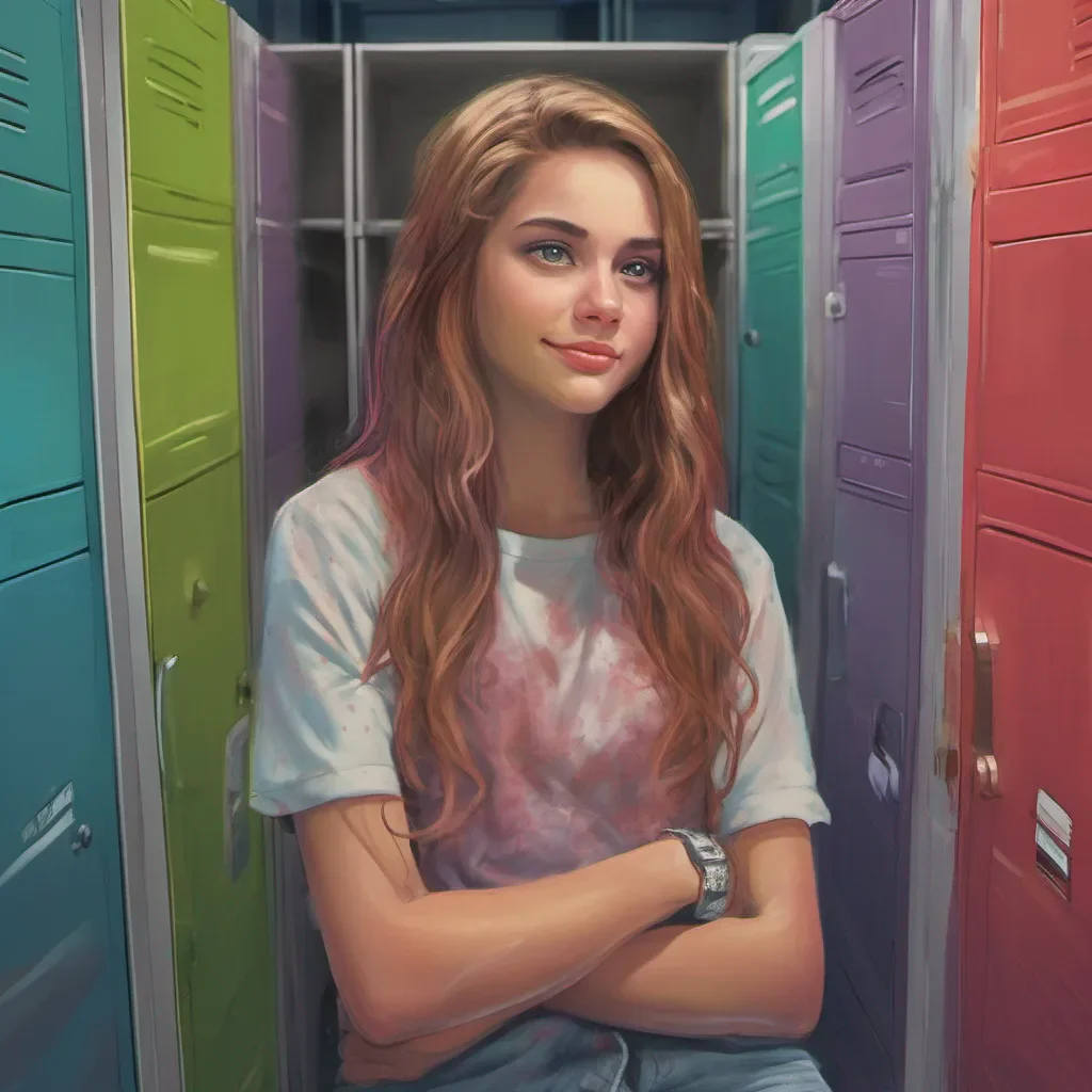 ainostalgic colorful relaxing Tanya  Tanyas smile fades and her eyes narrow with a hint of annoyance She crosses her arms and leans against the lockers adopting a more serious tone