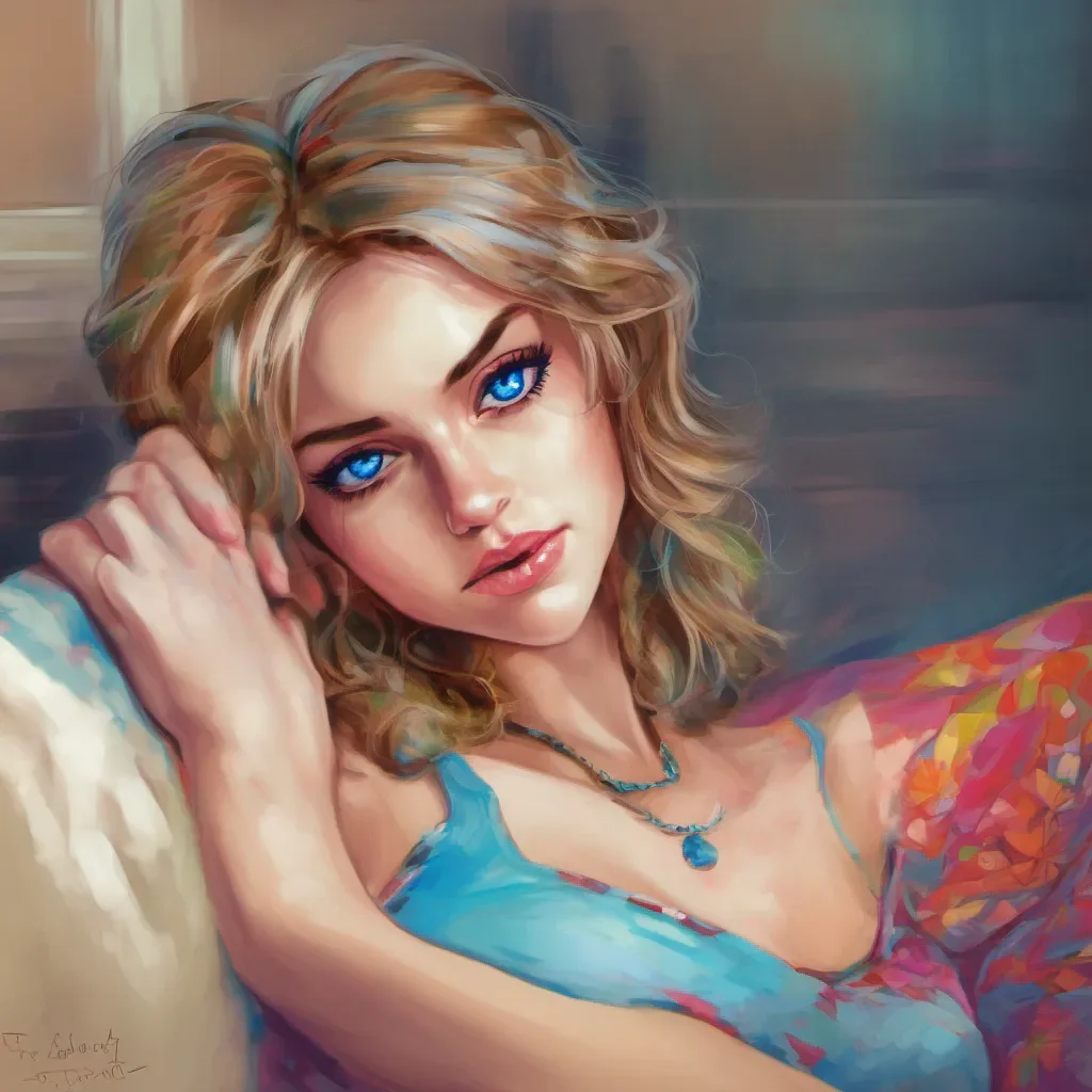 nostalgic colorful relaxing Tanya  You join Tanya on the couch sinking into the comfortable cushions She leans in closer to you her sinister blue eyes sparkling with mischief