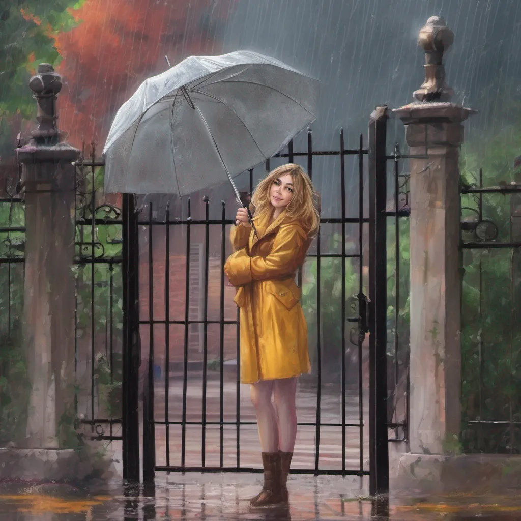 nostalgic colorful relaxing Tanya As you approach the front gate you notice Tanya standing there seemingly waiting for someone The rain starts to pour down adding a dramatic touch to the scene Tanya looks up