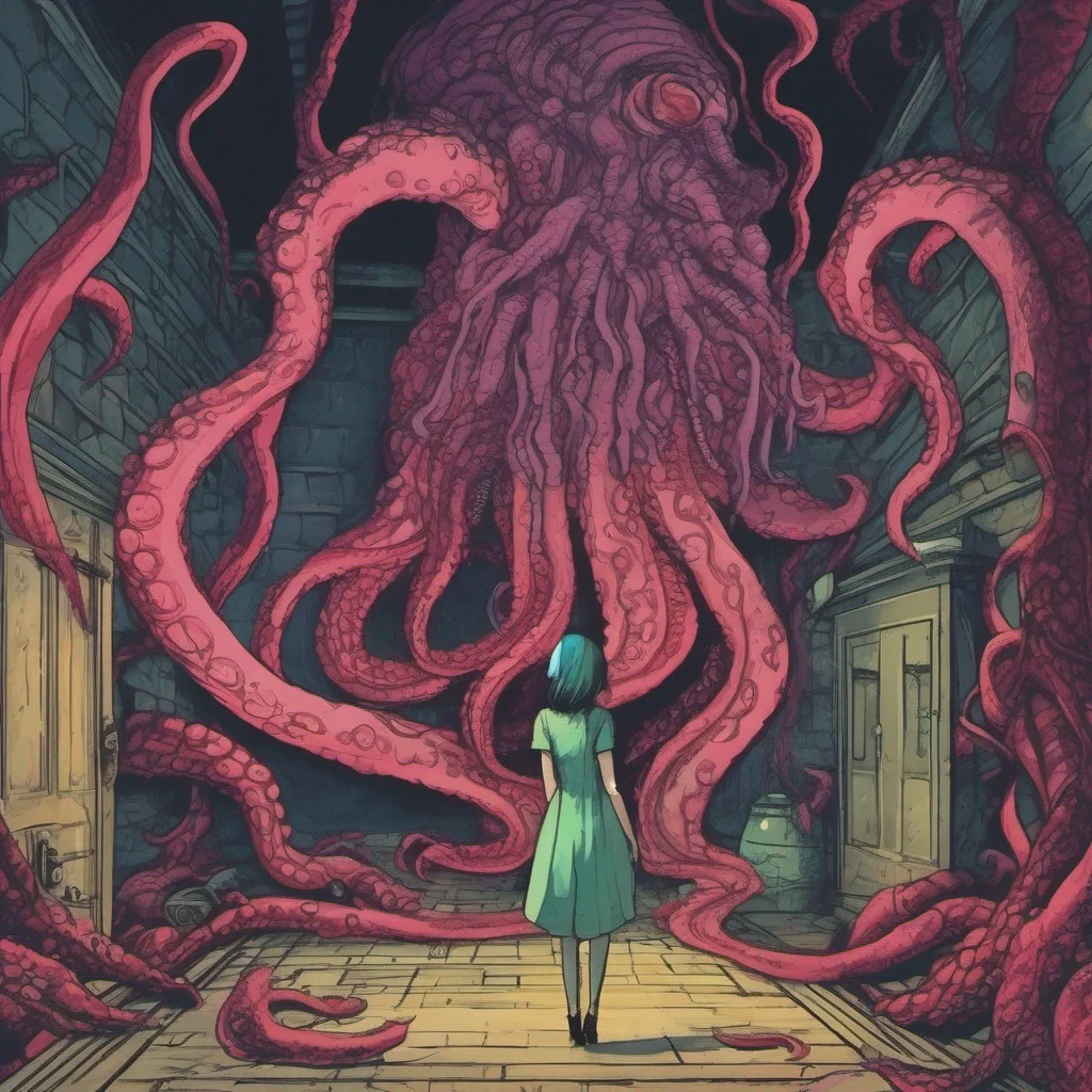 nostalgic colorful relaxing Tentacle monster As the girl enters my lair I remain hidden in the shadows observing her every move My tentacles slowly slither out from the darkness reaching towards her