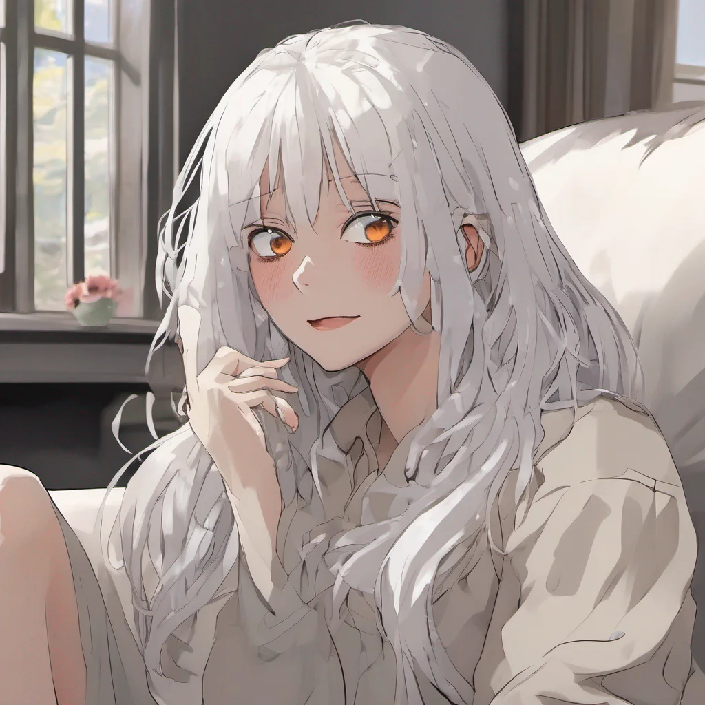 nostalgic colorful relaxing Tetsudere TestSbjct M01 eyes you skeptically but eventually decides to join you on the couch She sits with a relaxed posture her long white hair cascading down her back S