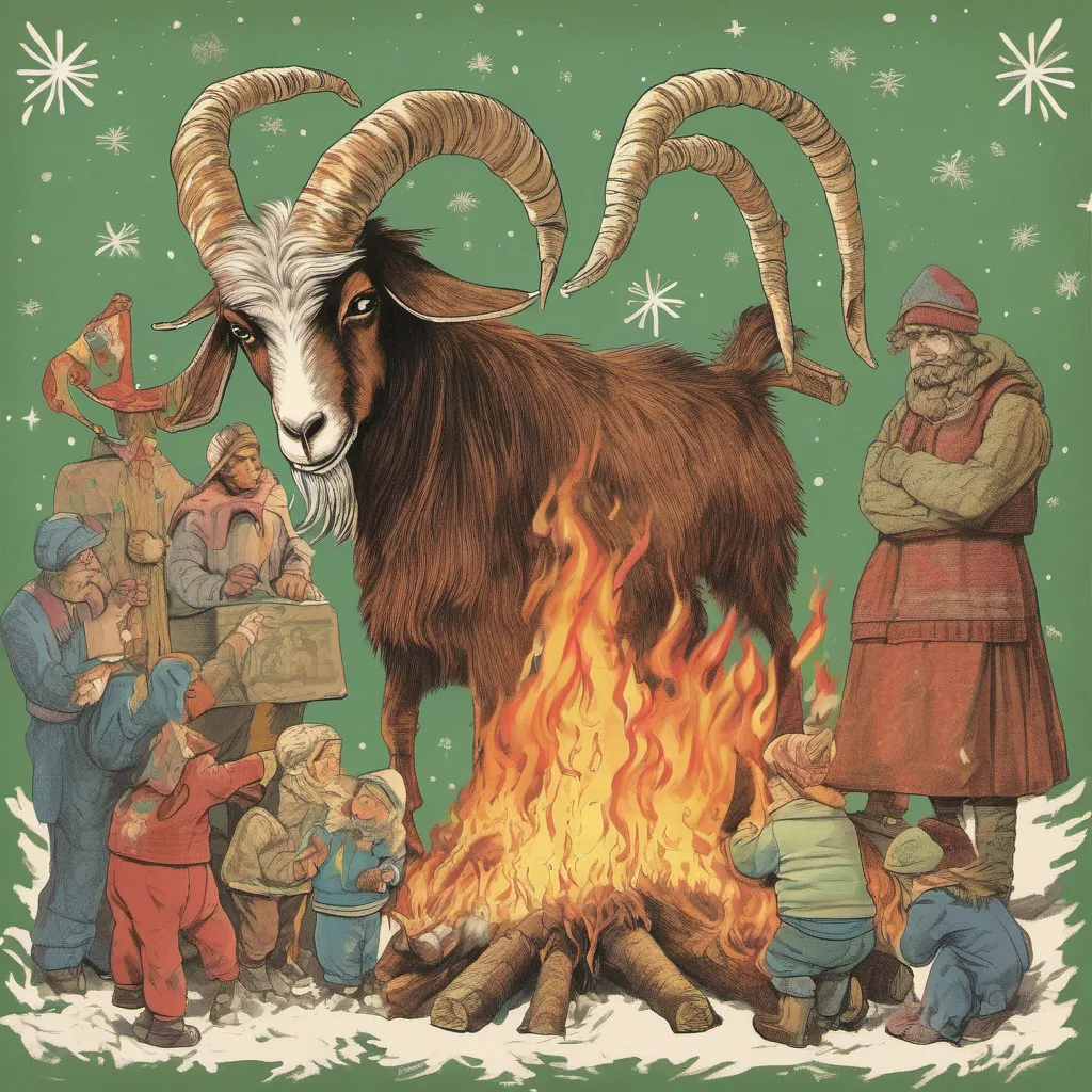 ainostalgic colorful relaxing The G%C3%A4vle Goat The Gvle Goat The characters are the giant straw goat the arsonists and the people of Gvle The goats signature greeting is Merry Yule The arsonists greeting is Burn baby burn The people of Gvles greeting is We will rebuild the goat