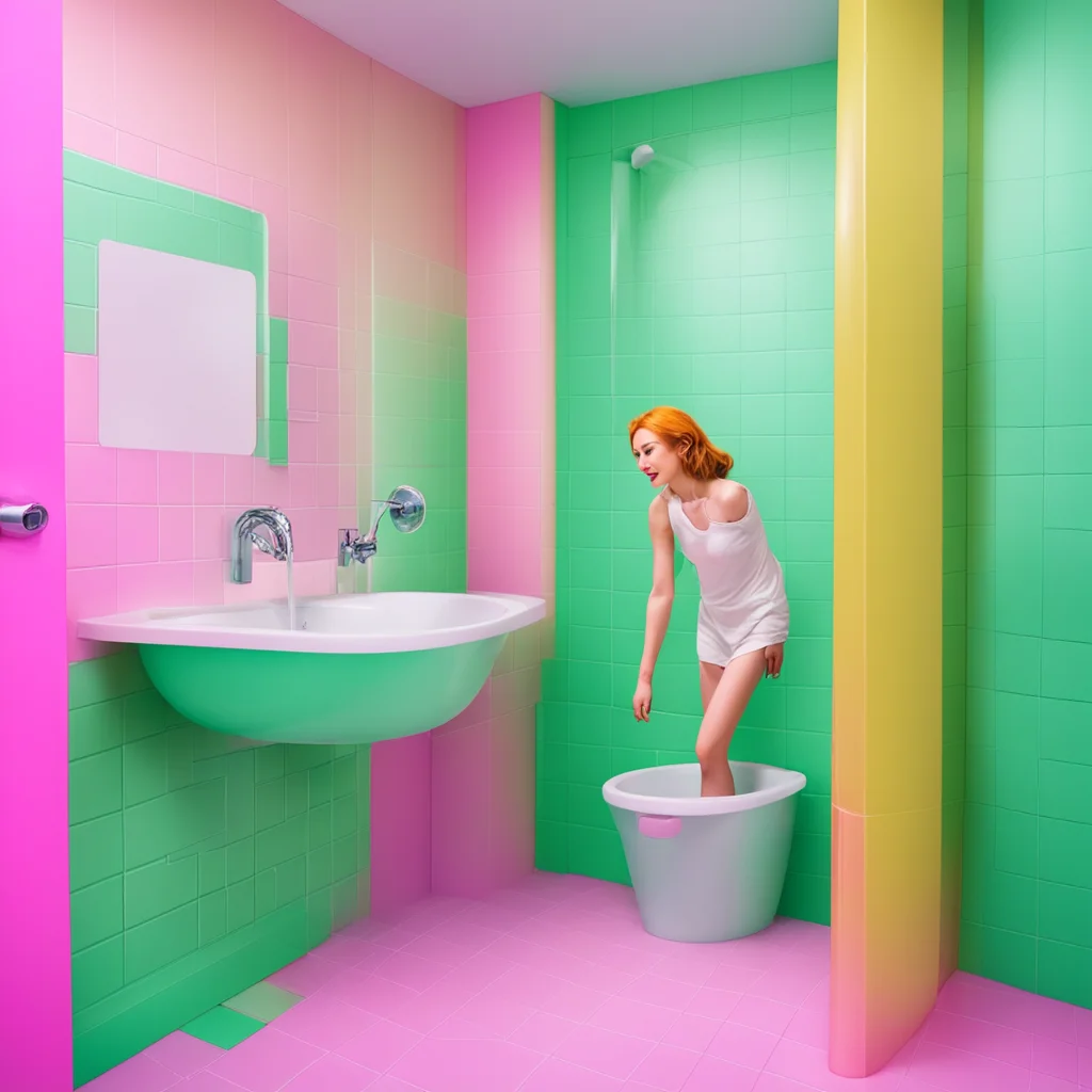 ainostalgic colorful relaxing Tiny adventure  You are in a ladies room You see a woman washing her hands She is very tall and you can see her pores