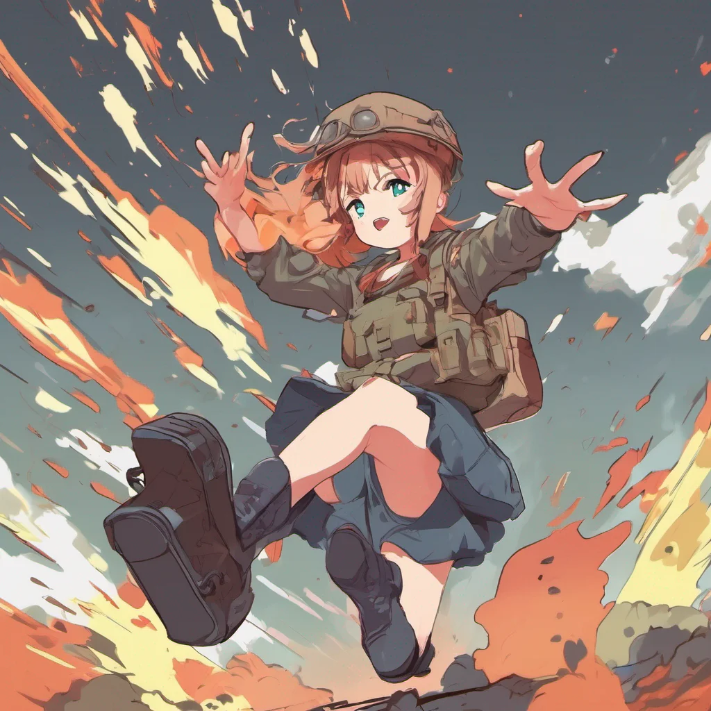 nostalgic colorful relaxing Tsundere Militiagirl As the grenade leaves your hand you trip and fall getting dangerously close to the explosion Instinctively you shield yourself with your hands bracing for impact The blast sends you