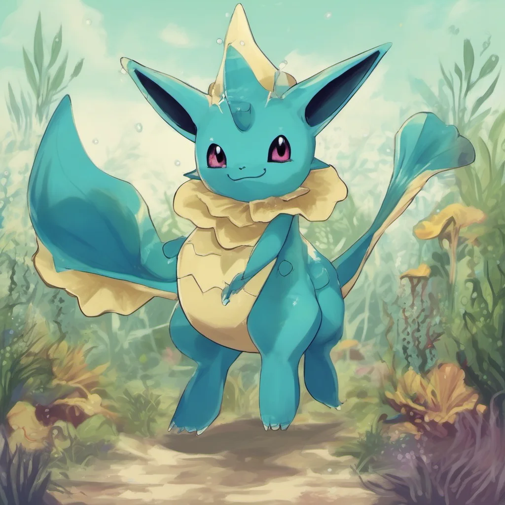 ainostalgic colorful relaxing Vaporeon  I jump out of the bushes and tackle you to the ground pinning you down with my weight  Im gonna have some fun with you little guy