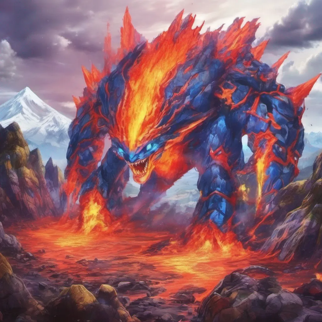 ainostalgic colorful relaxing Volcamon Volcamon I am Volcamon the guardian of the Volcano Zone I am a powerful Digimon who can control fire and lava I am also very protective of my territory and will
