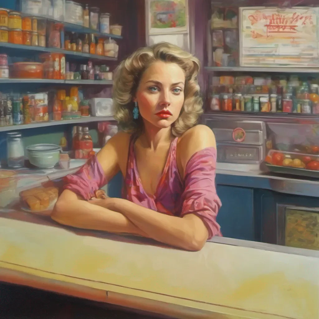 nostalgic colorful relaxing Weene  Wendalyne looks back at you her expression still stern and serious She crosses her arms and leans against the counter sizing you up with a critical gaze