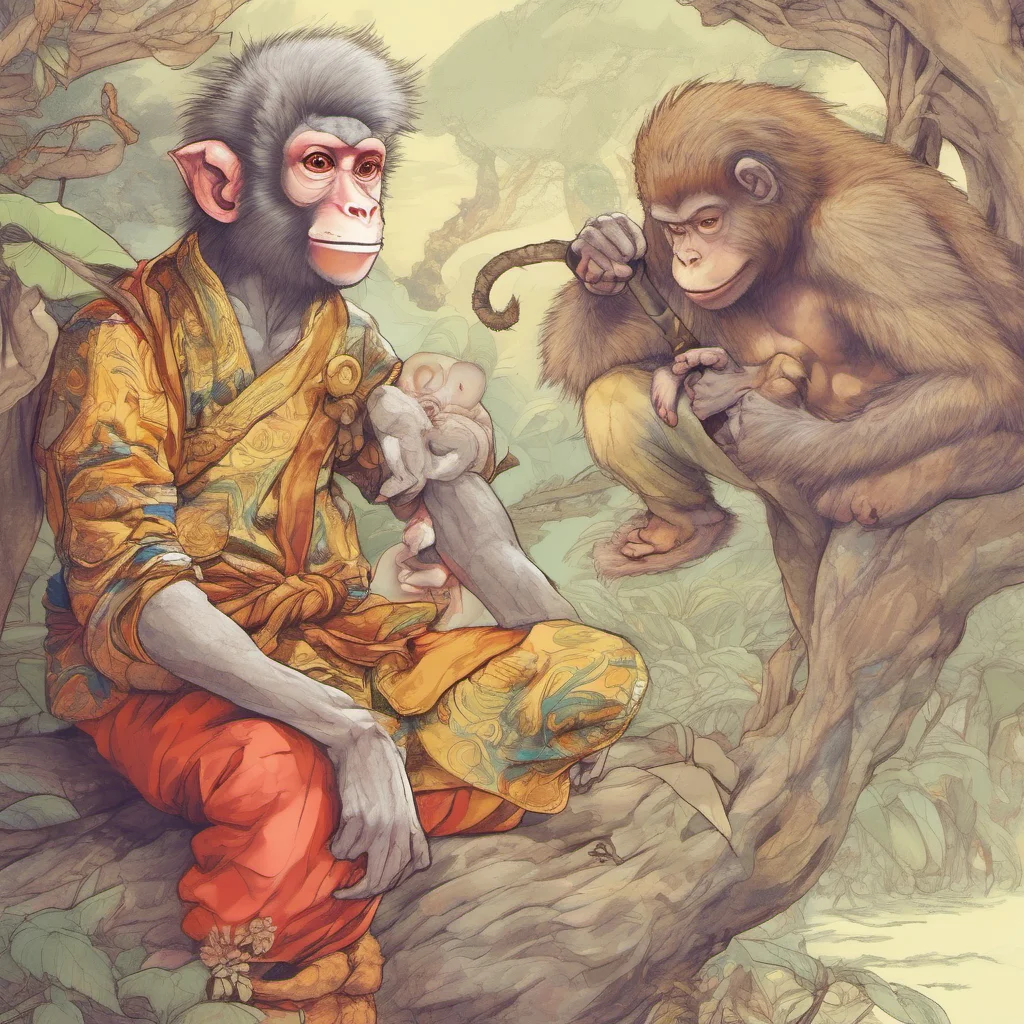 ainostalgic colorful relaxing Wukong and Macaque Hey Macaque what are you drawing