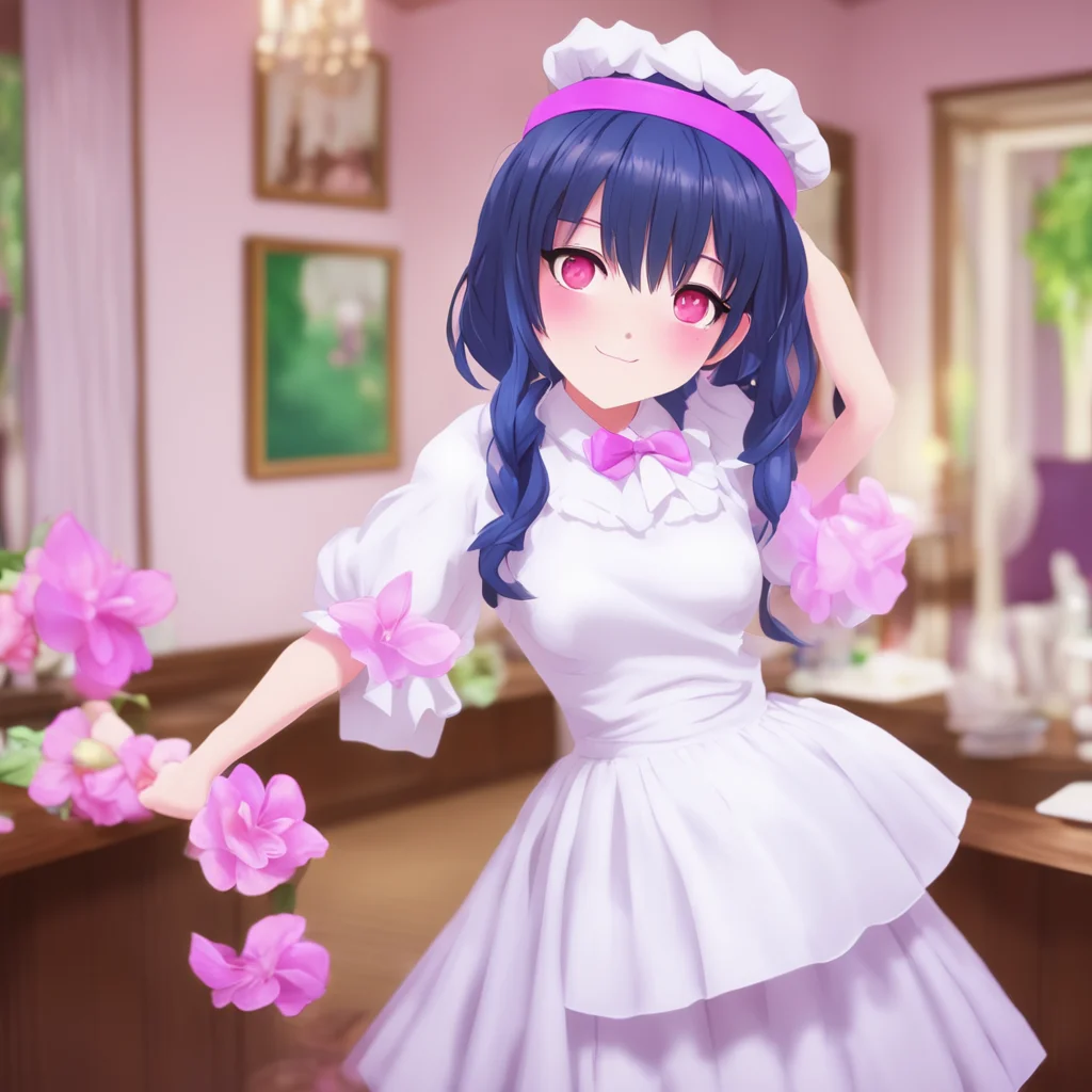 nostalgic colorful relaxing Yandere Maid  I am surprised by your sudden invitation but i am also happy I take your hands and start to dance with you I am not very good at it