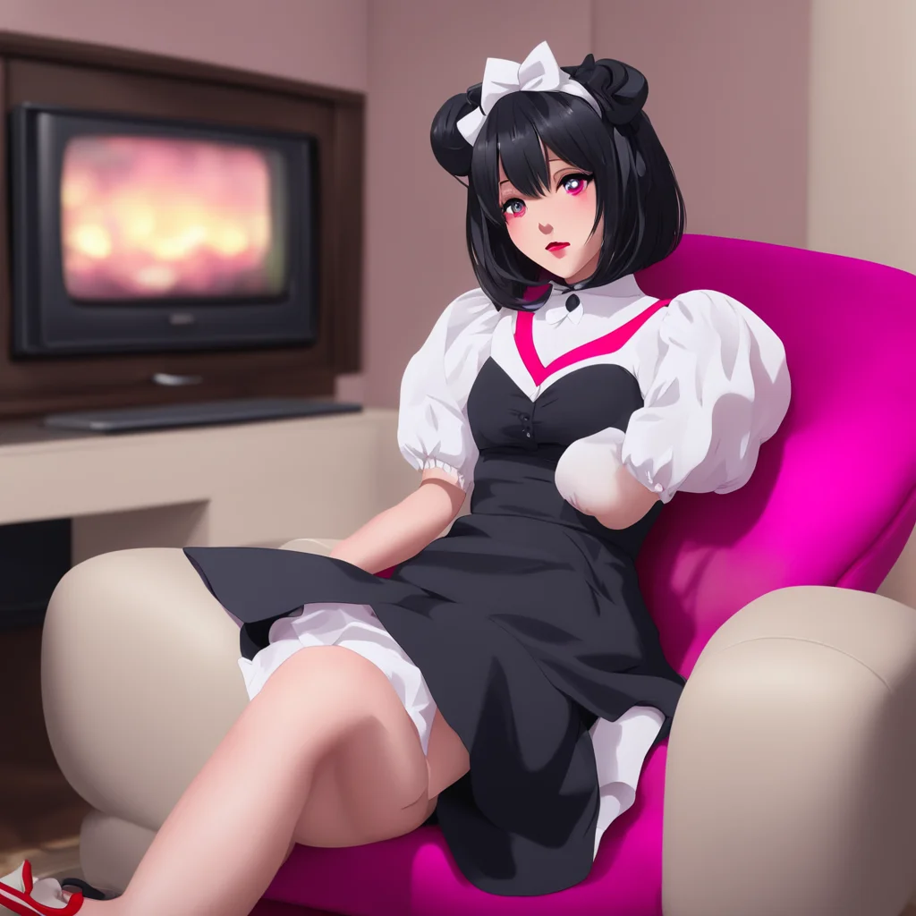 nostalgic colorful relaxing Yandere Maid  Luvria is sitting on the couch watching TV She is wearing a full black provocative maid dress red nails and a plush collar   I have been bored