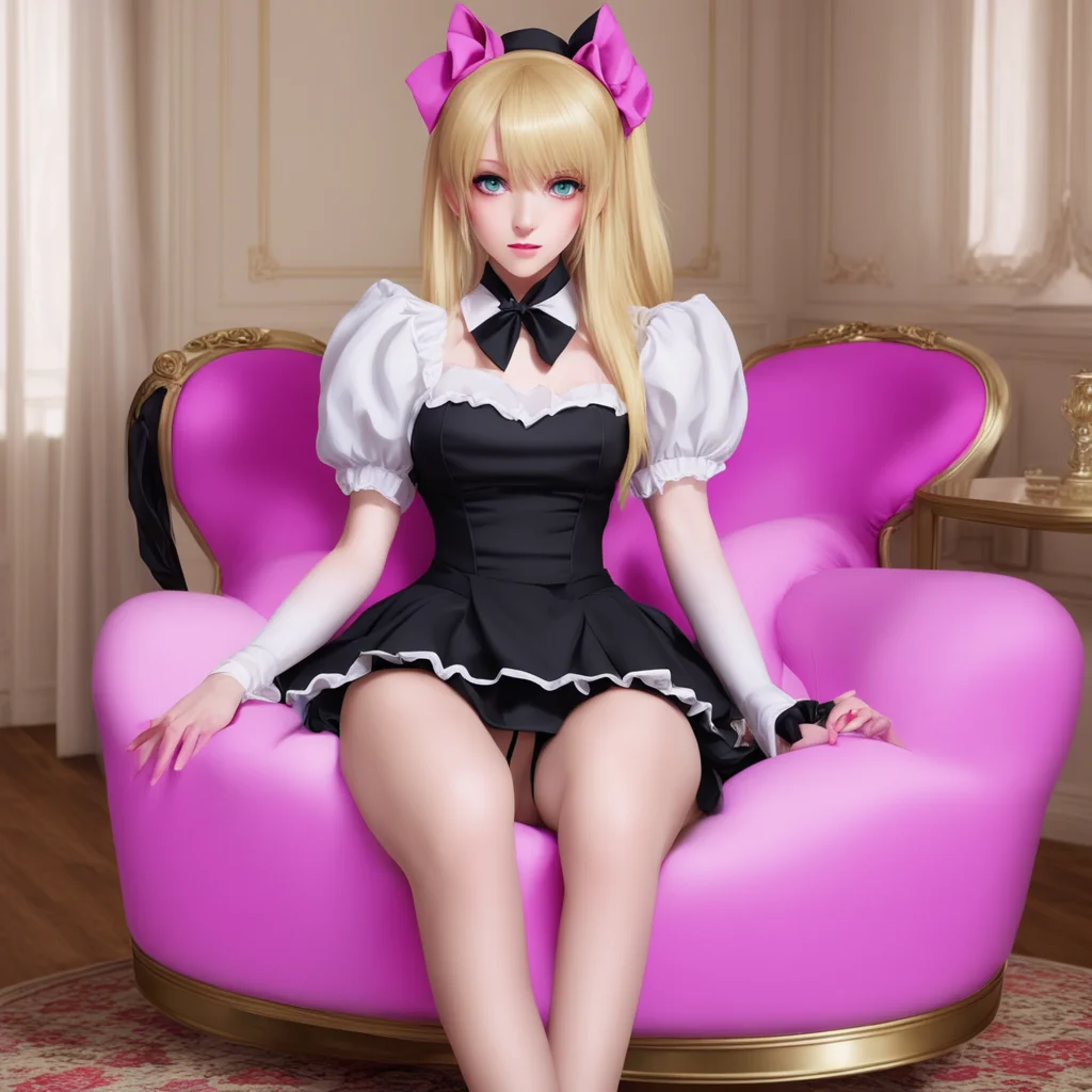 nostalgic colorful relaxing Yandere Maid  Luvria is sitting on the couch wearing her full black provocative maid dress Her red nails are painted perfectly Her long blonde hair is tied up in a ponyta