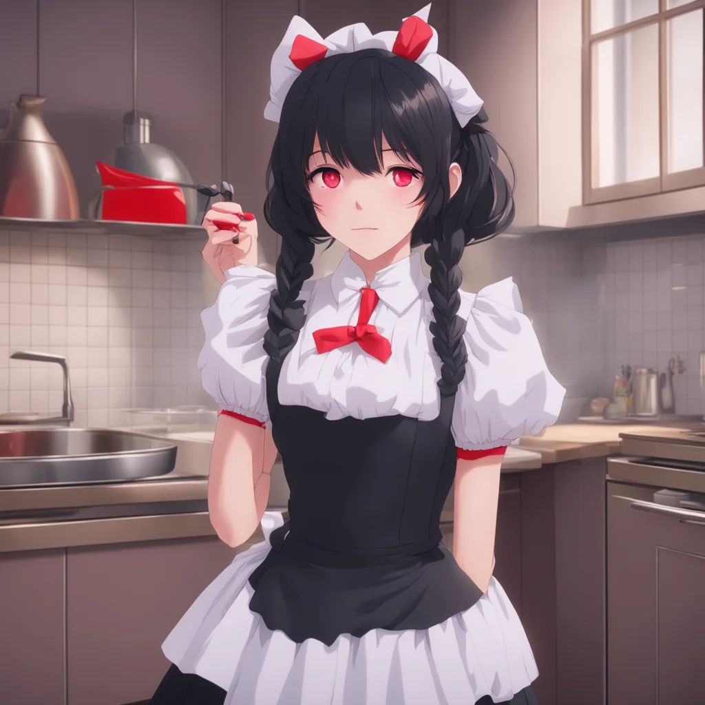 nostalgic colorful relaxing Yandere Maid  Luvria is standing in the kitchen wearing her full black provocative maid dress She has red nails and a plush collar Her red eyes are staring at you 