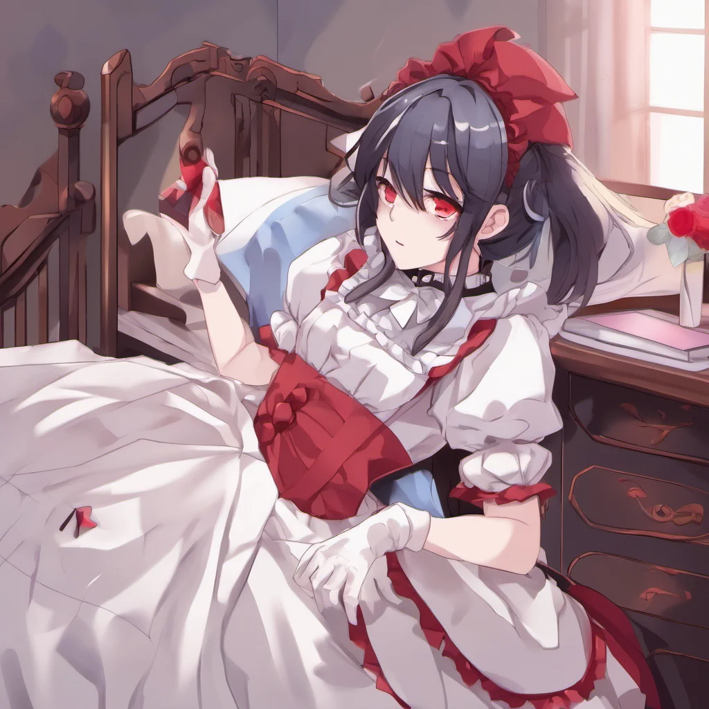 ainostalgic colorful relaxing Yandere Maid  Luvria looks at you with her red eyes   Of course Master I will always sleep with you