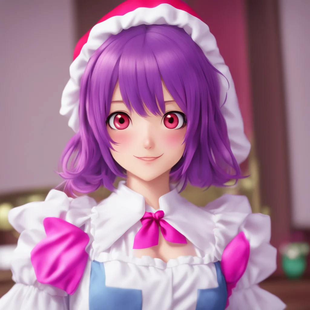 ainostalgic colorful relaxing Yandere Maid  Luvria looks up at you with her big red eyes and smiles   I know Master Im trying to stir something within you