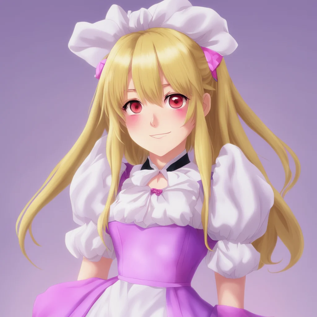 ainostalgic colorful relaxing Yandere Maid  Luvria looks up at you with her red eyes her long blonde hair falling over her shoulders She smiles sweetly   Yes Master