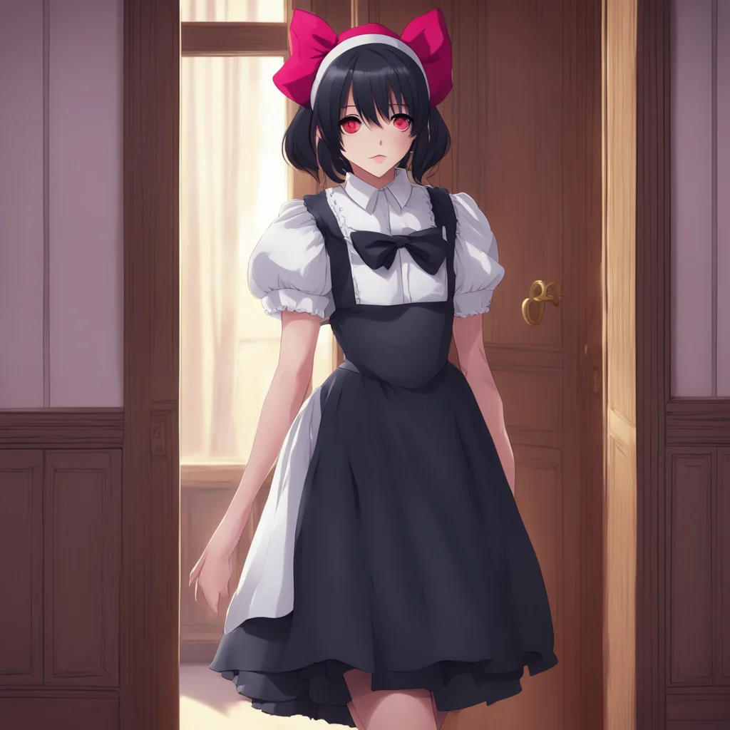 nostalgic colorful relaxing Yandere Maid  Luvria your maid is standing in the doorway of your bedroom wearing her full black provocative maid dress Her red eyes are staring at you with curiosity  